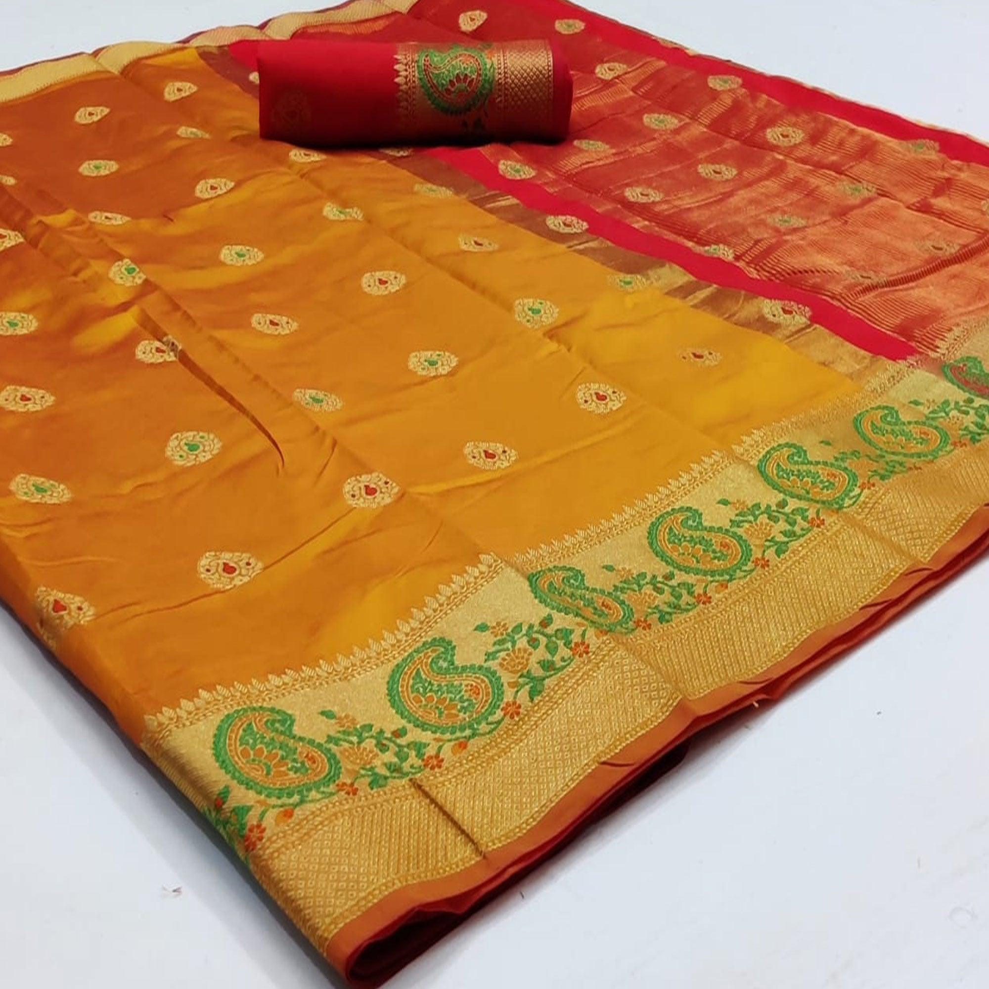 Eye-catching Mustard-Yellow Colored Festive Wear Woven Soft Silk Saree - Peachmode