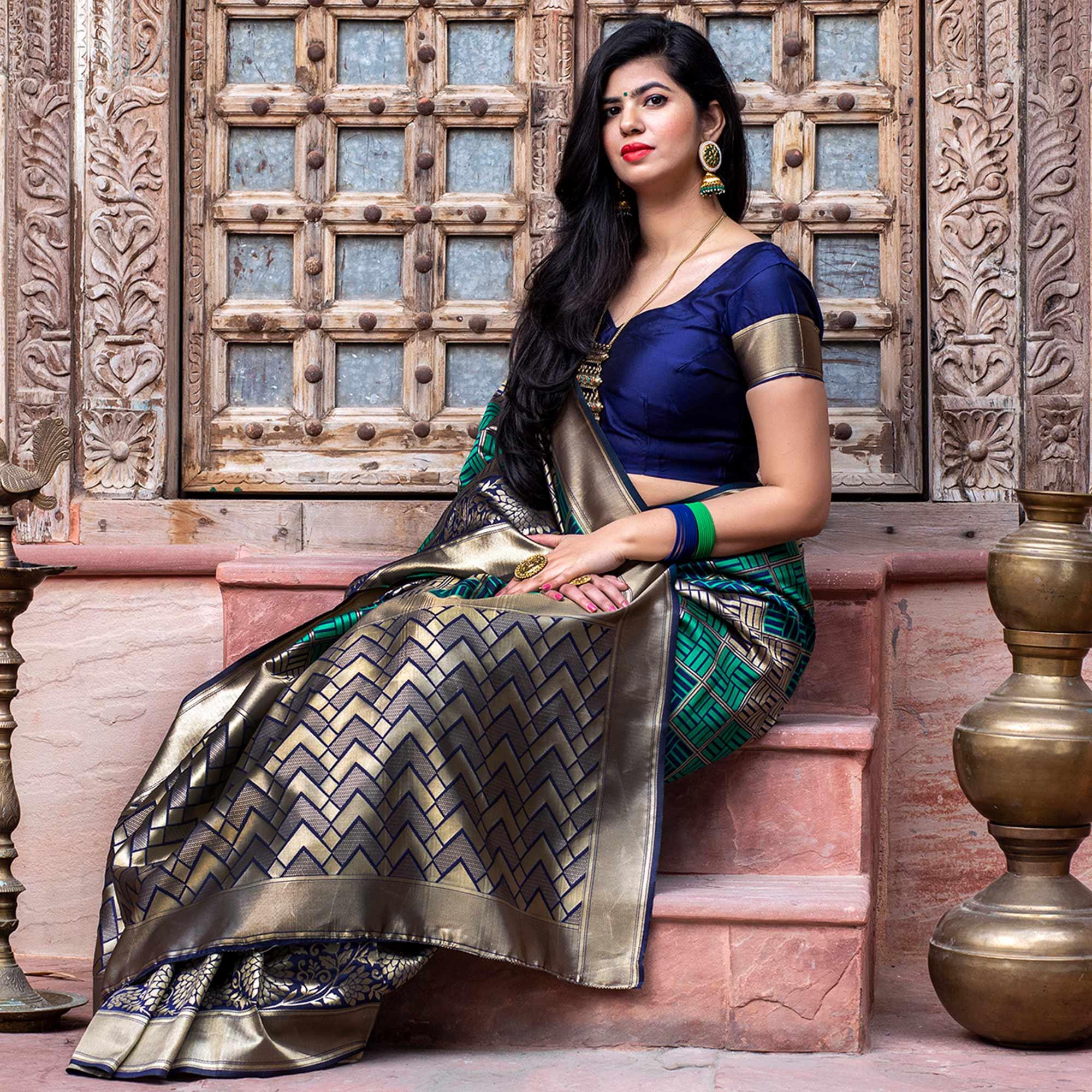 Eye-catching Navy Blue Colored Festive Wear Woven Banarasi Silk Saree - Peachmode