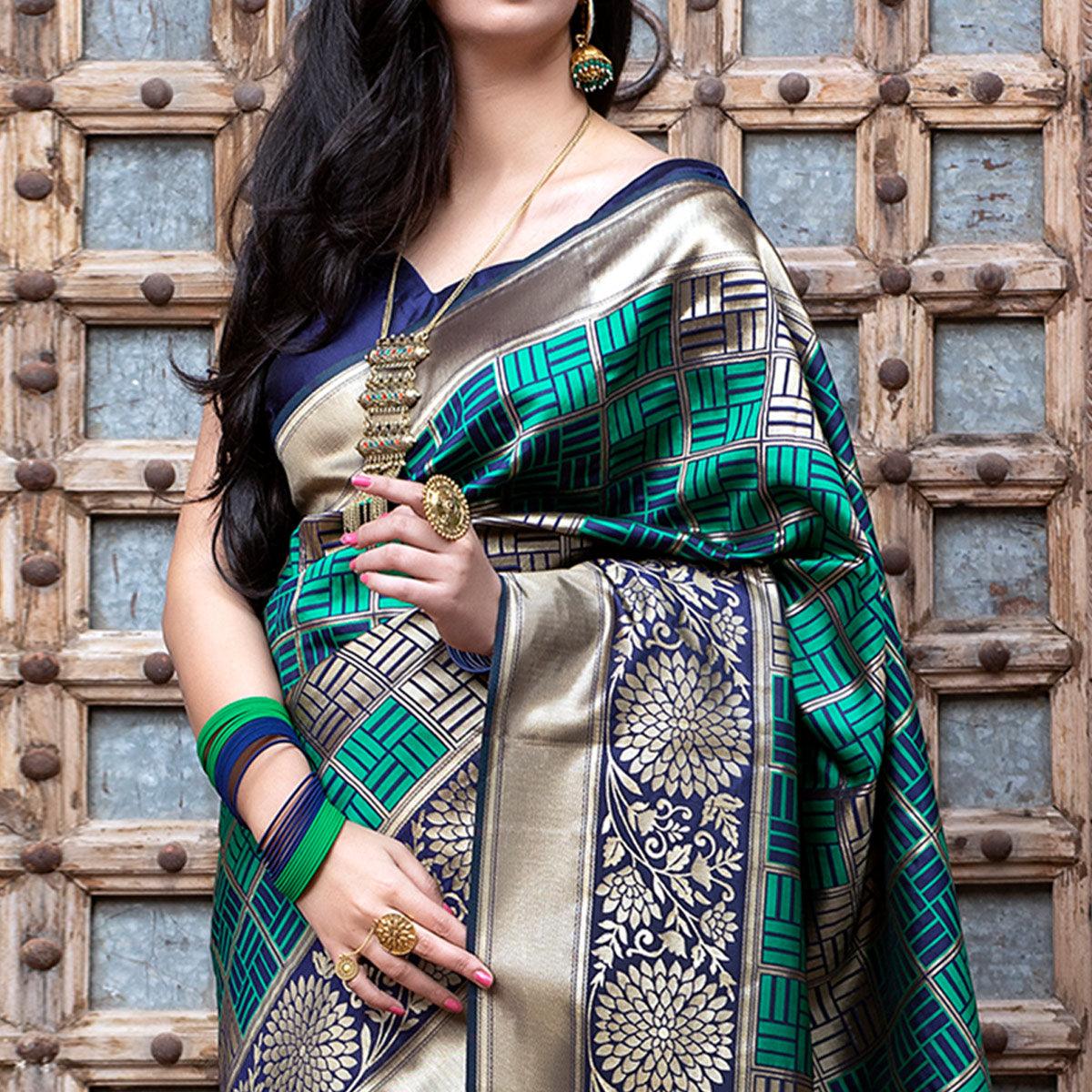 Eye-catching Navy Blue Colored Festive Wear Woven Banarasi Silk Saree - Peachmode