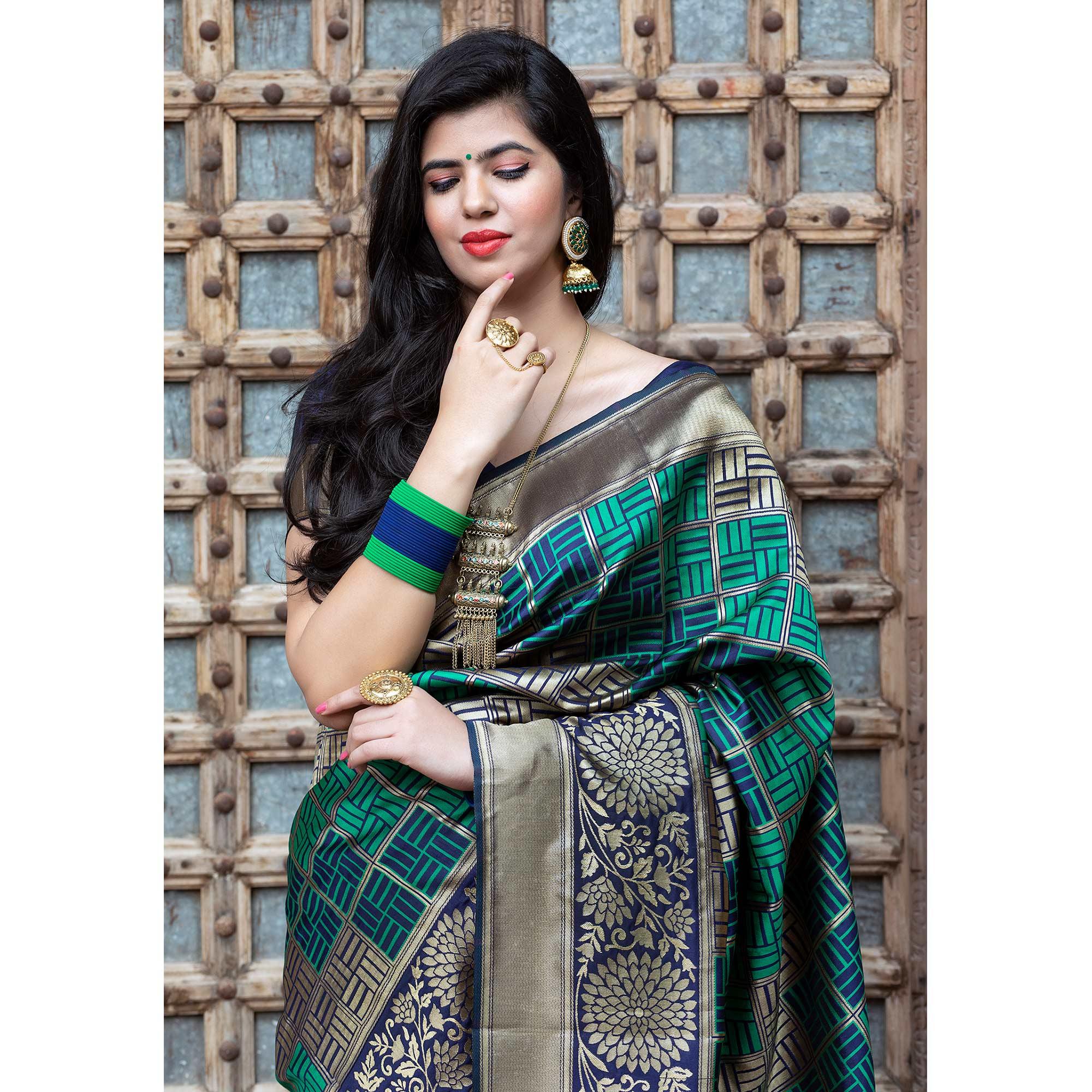 Eye-catching Navy Blue Colored Festive Wear Woven Banarasi Silk Saree - Peachmode