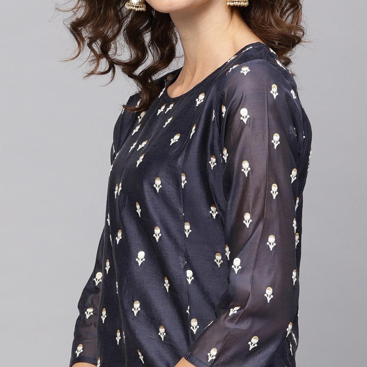 Eye-catching Navy Blue Colored Party Wear Embroidered Art Silk Kurti-Dhoti Set - Peachmode