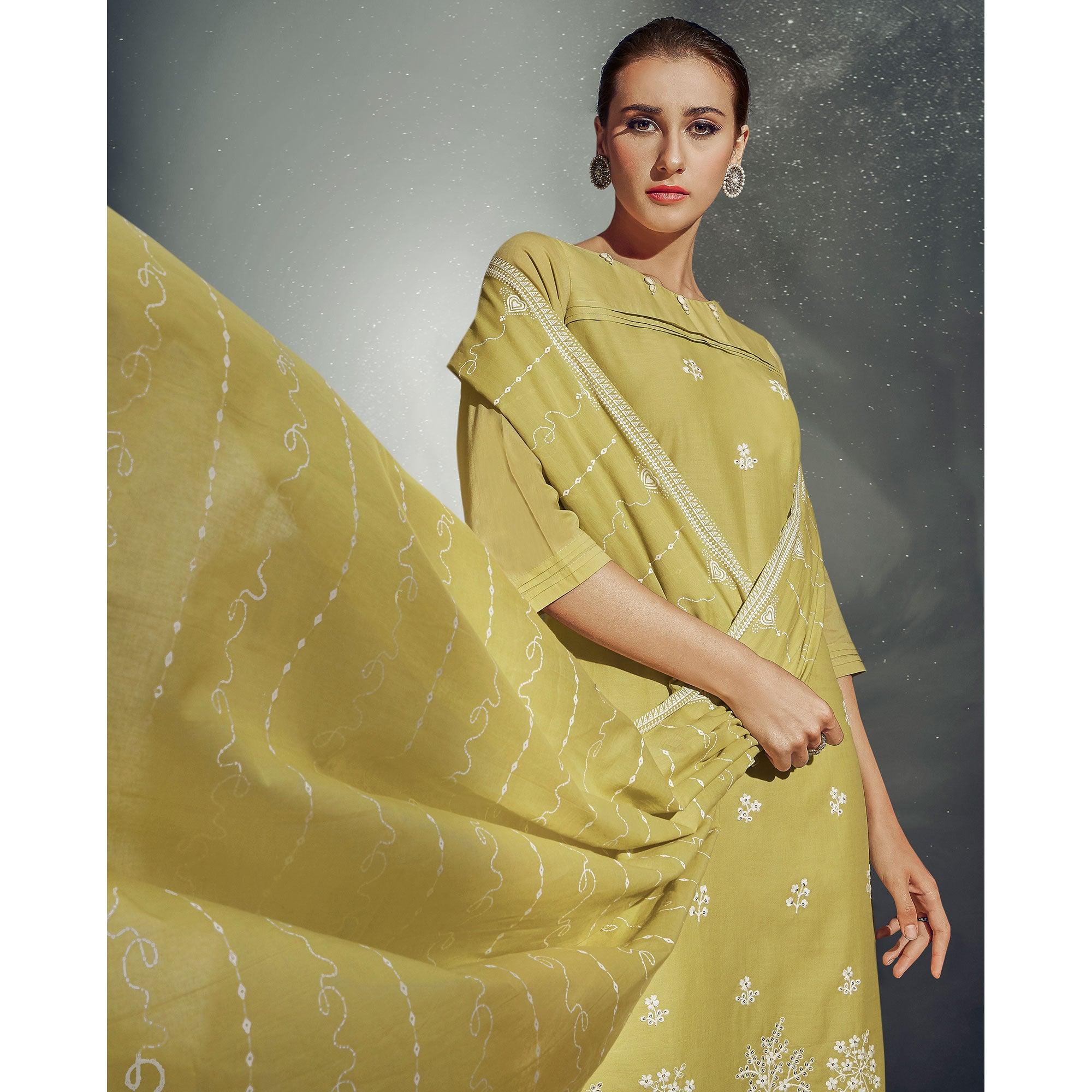 Eye-catching Olive Green Colored Partywear Embroidered Cotton Kurti-Pant Set With Dupatta - Peachmode