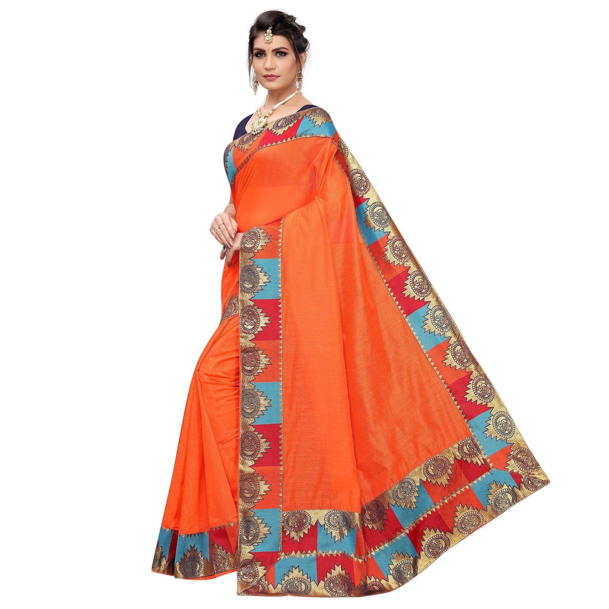 Eye-catching Orange Colored Festive Wear Chanderi Silk Saree - Peachmode