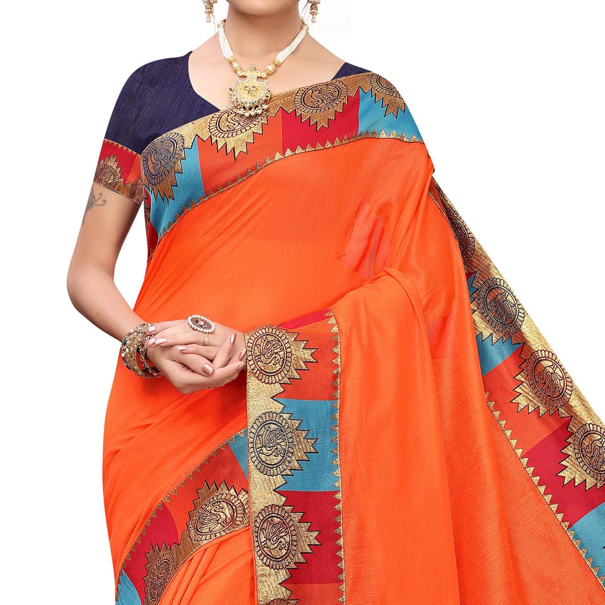 Eye-catching Orange Colored Festive Wear Chanderi Silk Saree - Peachmode