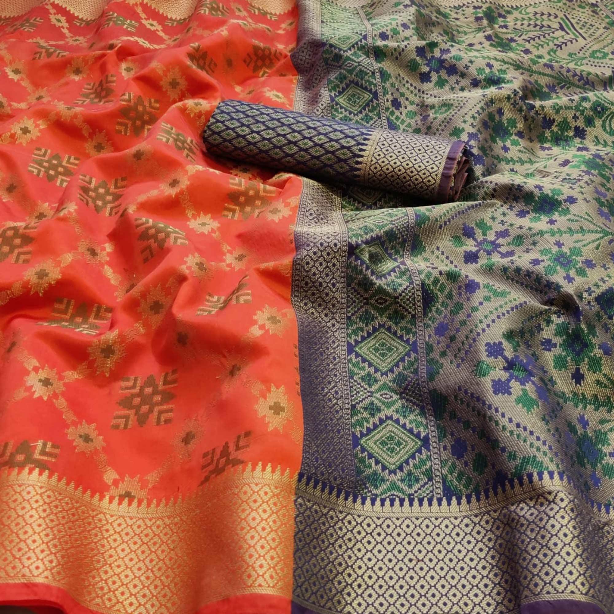 Eye-catching Orange Colored Festive Wear Woven Patola Silk Saree - Peachmode