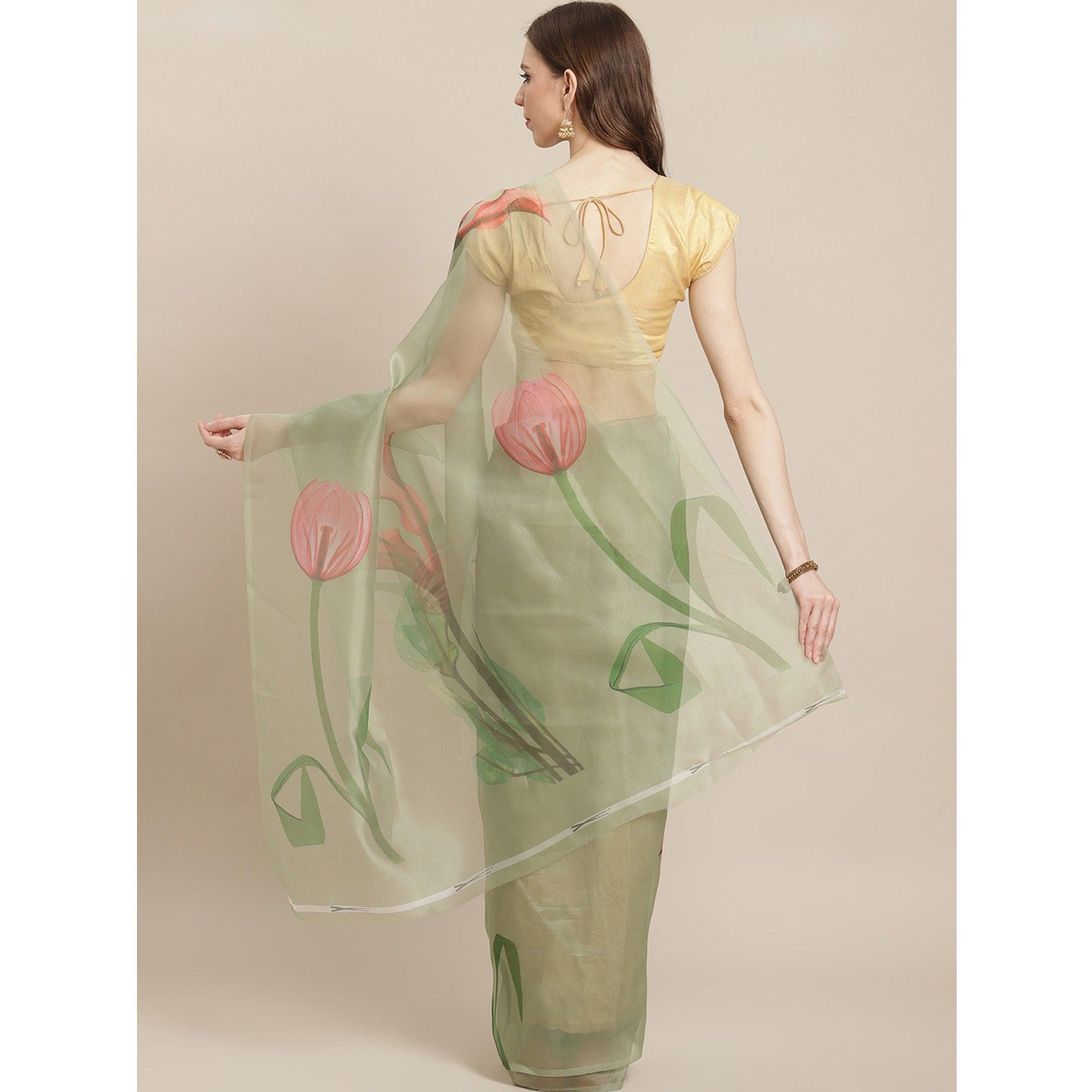 Eye-catching Pastel Green Colored Casual Wear Printed Organza Saree - Peachmode