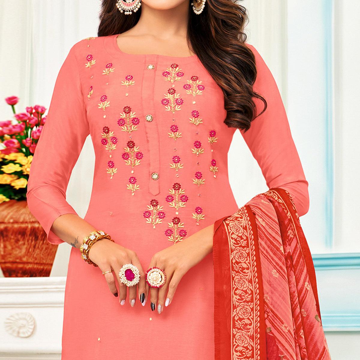 Eye-catching Pink Colored Casual Wear Embroidered Chanderi Dress Material - Peachmode