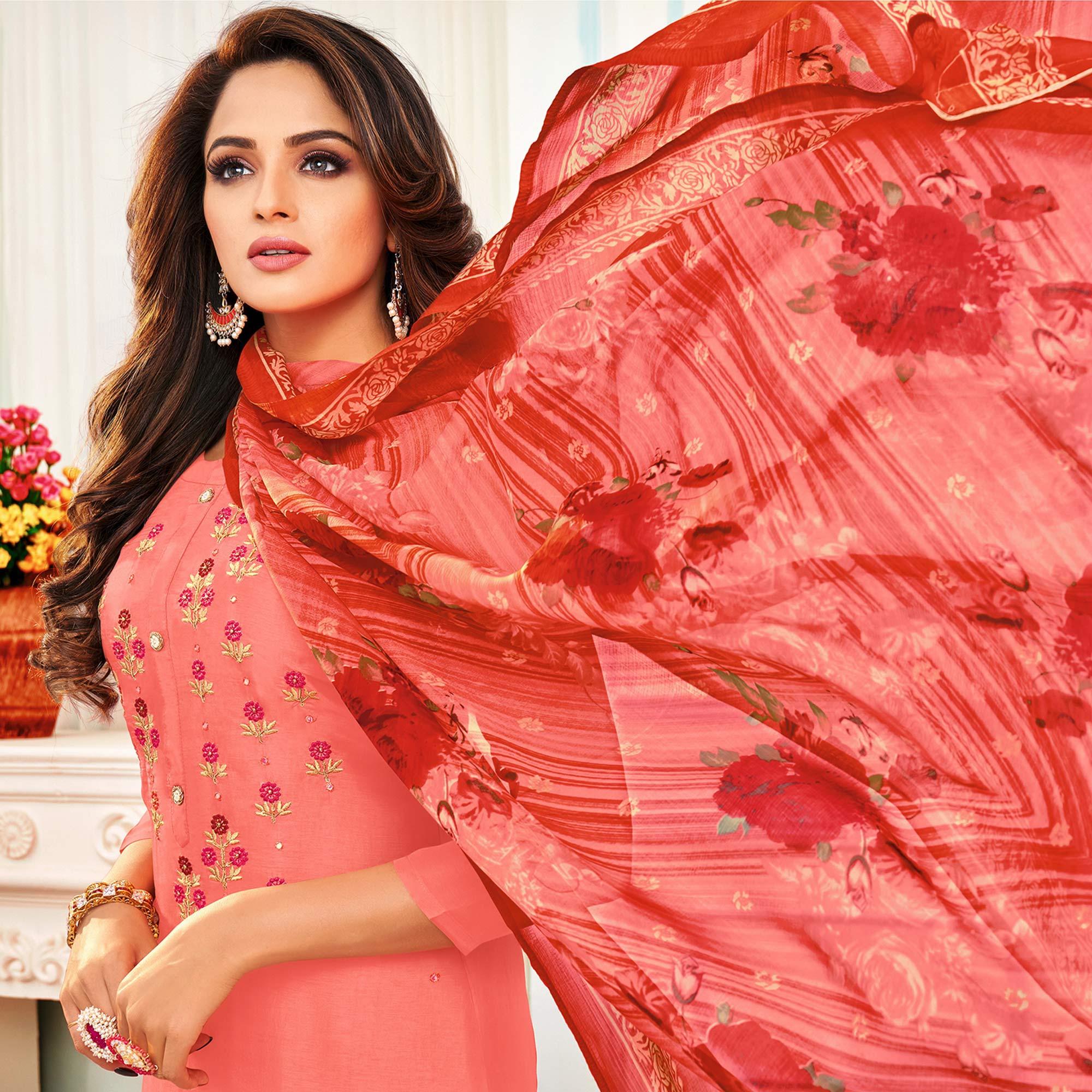 Eye-catching Pink Colored Casual Wear Embroidered Chanderi Dress Material - Peachmode