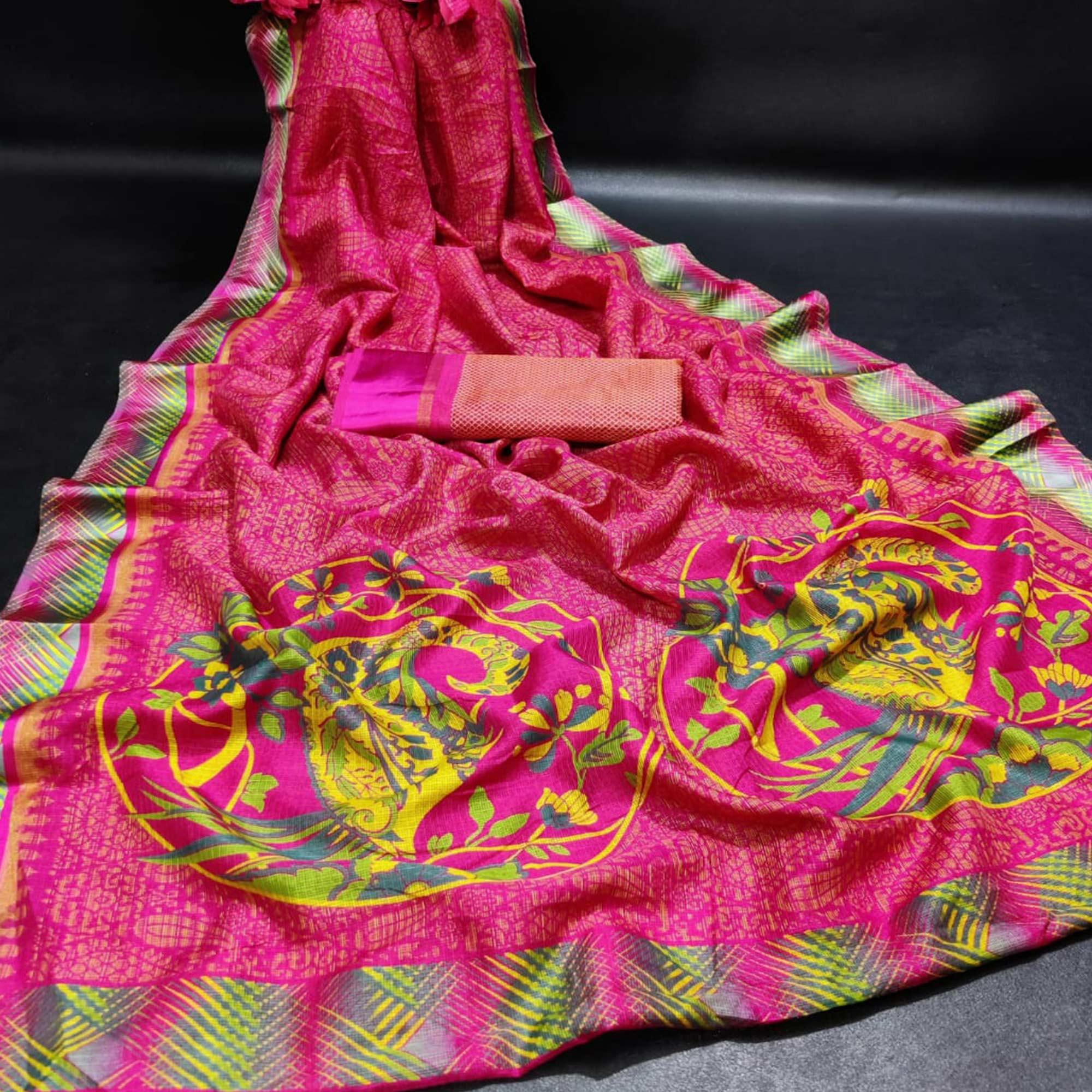 Eye-Catching Pink Colored Casual Wear Printed Silk Saree - Peachmode