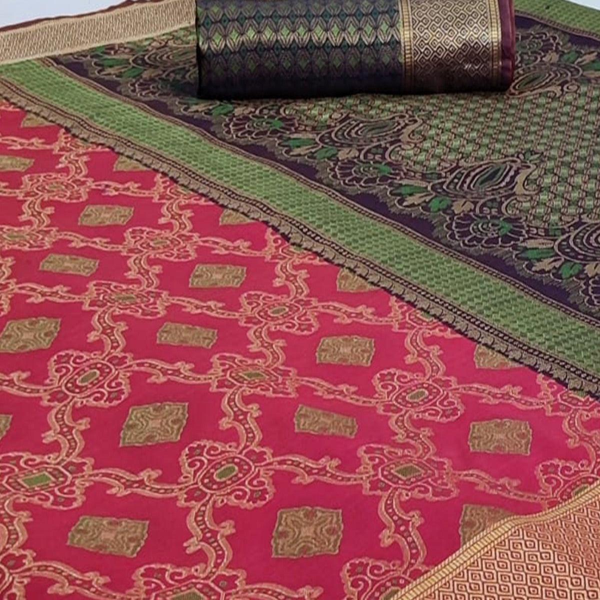 Eye-catching Pink Colored Festive Wear Woven Silk Saree - Peachmode