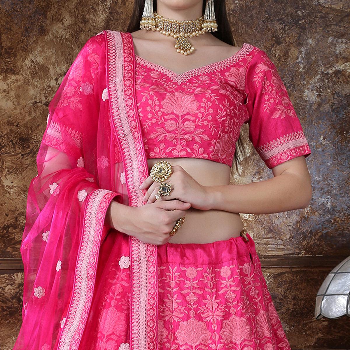 Eye-catching Pink Colored Partywear Embroidered Silk Lehenga Choli - Peachmode