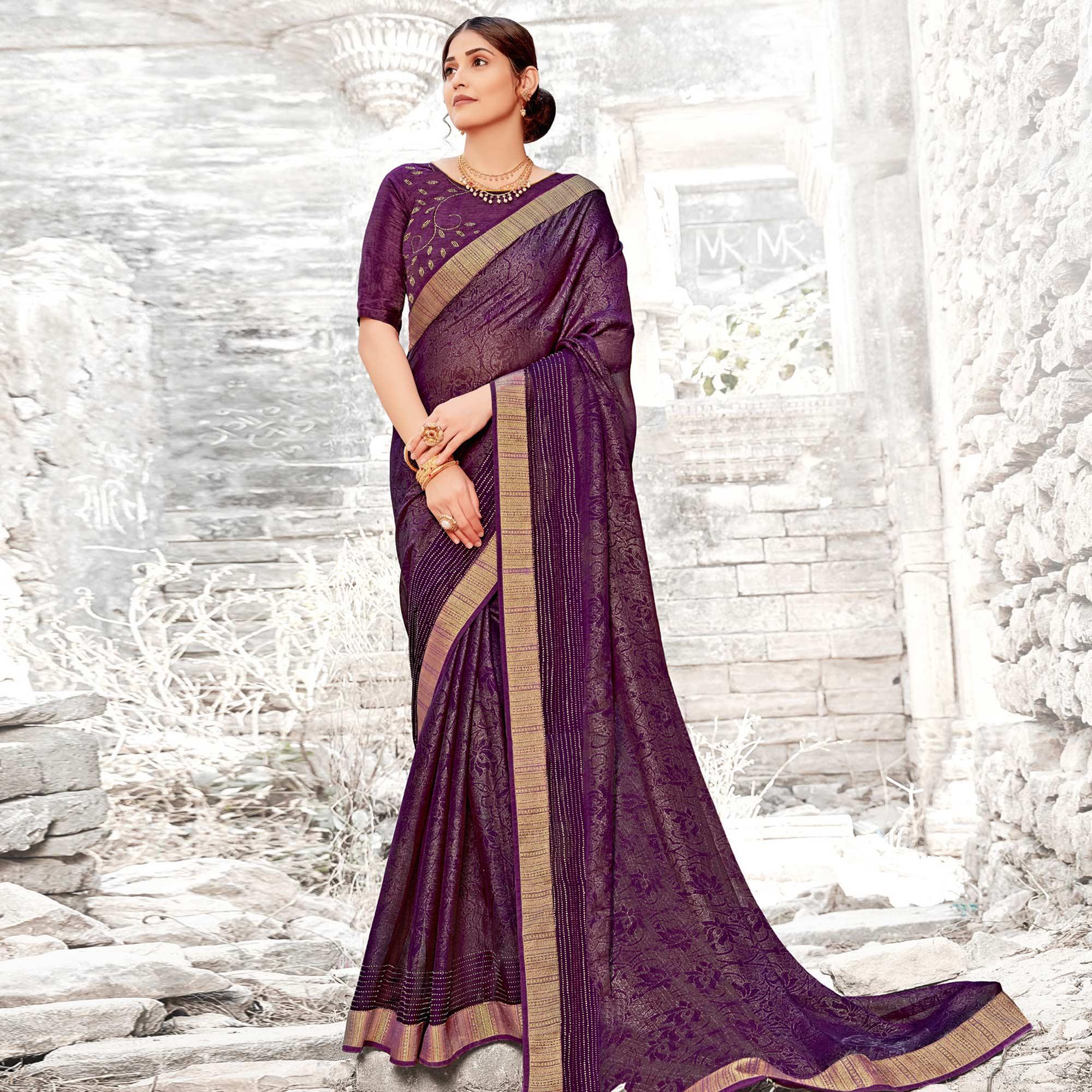 Eye-catching Purple Coloured Partywear Embellished Georgette Saree - Peachmode