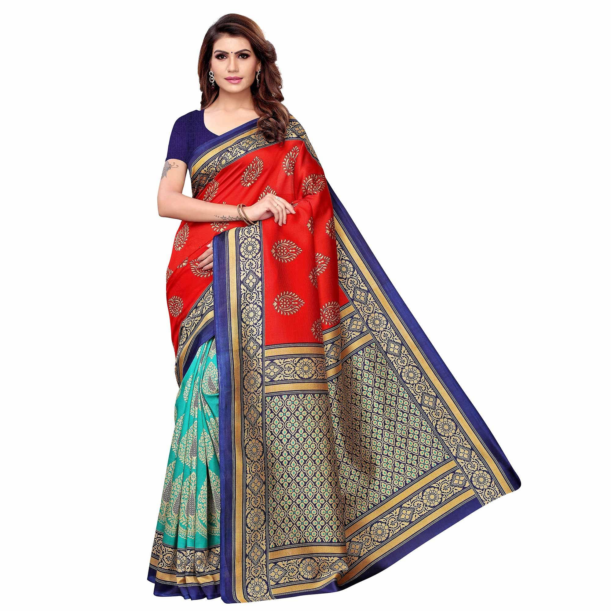 Eye-catching Red - Aqua Blue Colored Casual Wear Printed Art Silk Saree - Peachmode