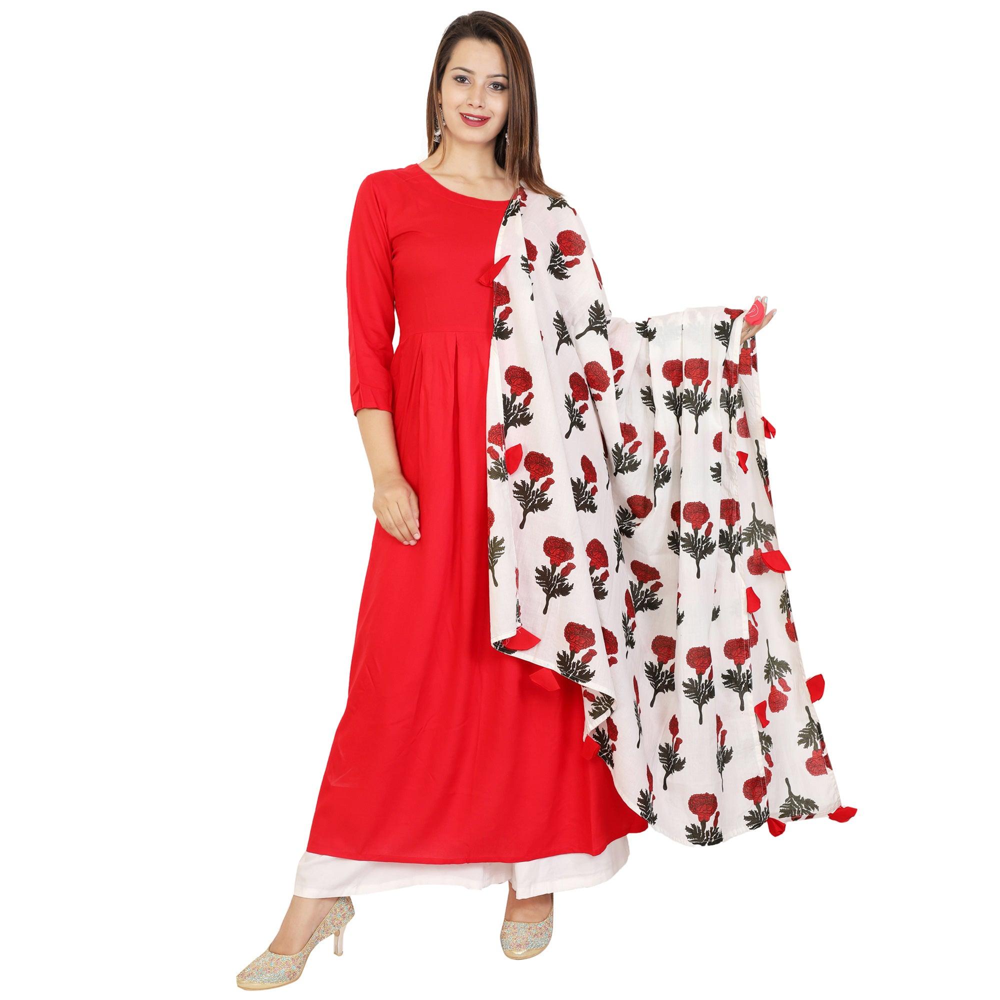 Eye-catching Red Colored Casual Wear Viscose Kurti With Dupatta - Peachmode