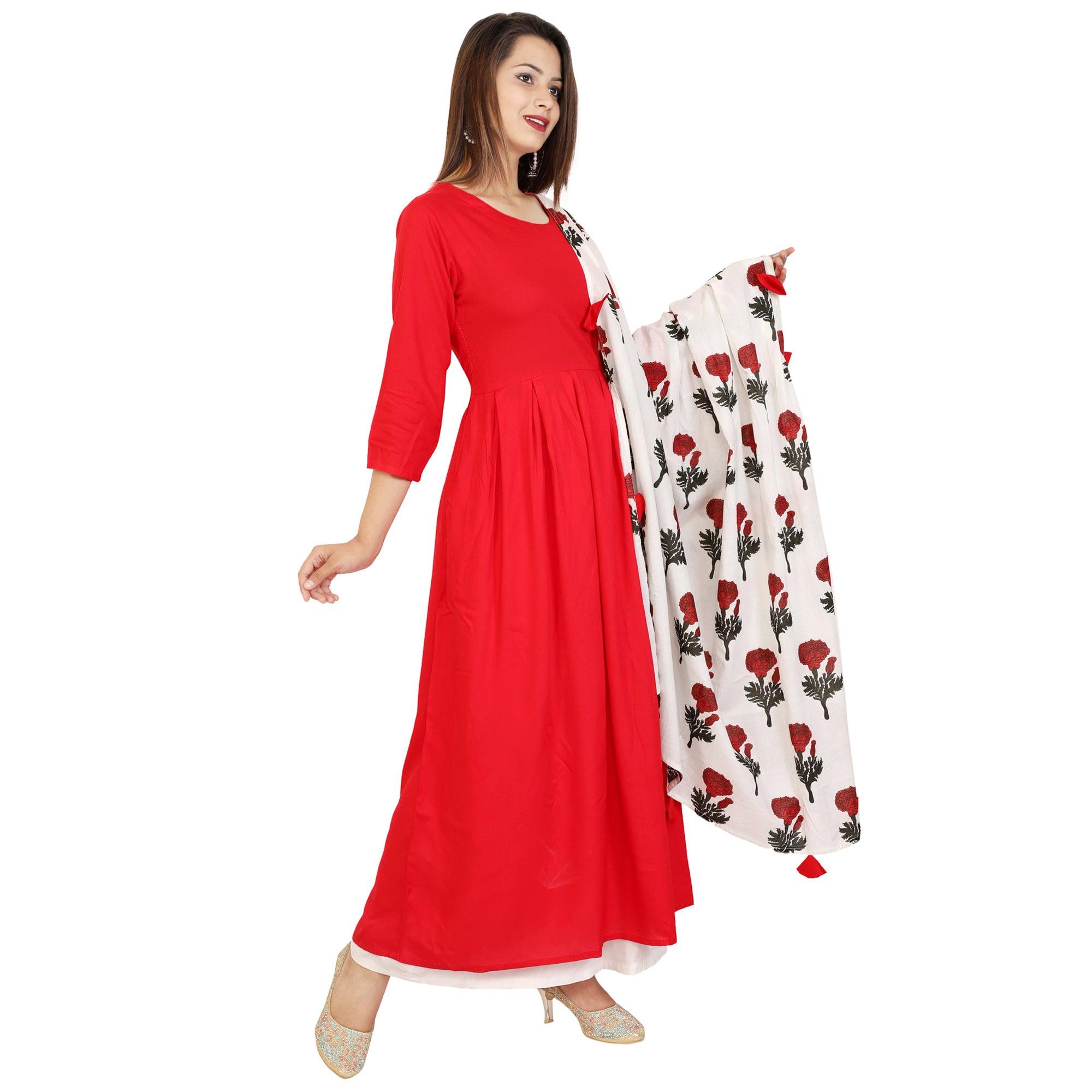Eye-catching Red Colored Casual Wear Viscose Kurti With Dupatta - Peachmode