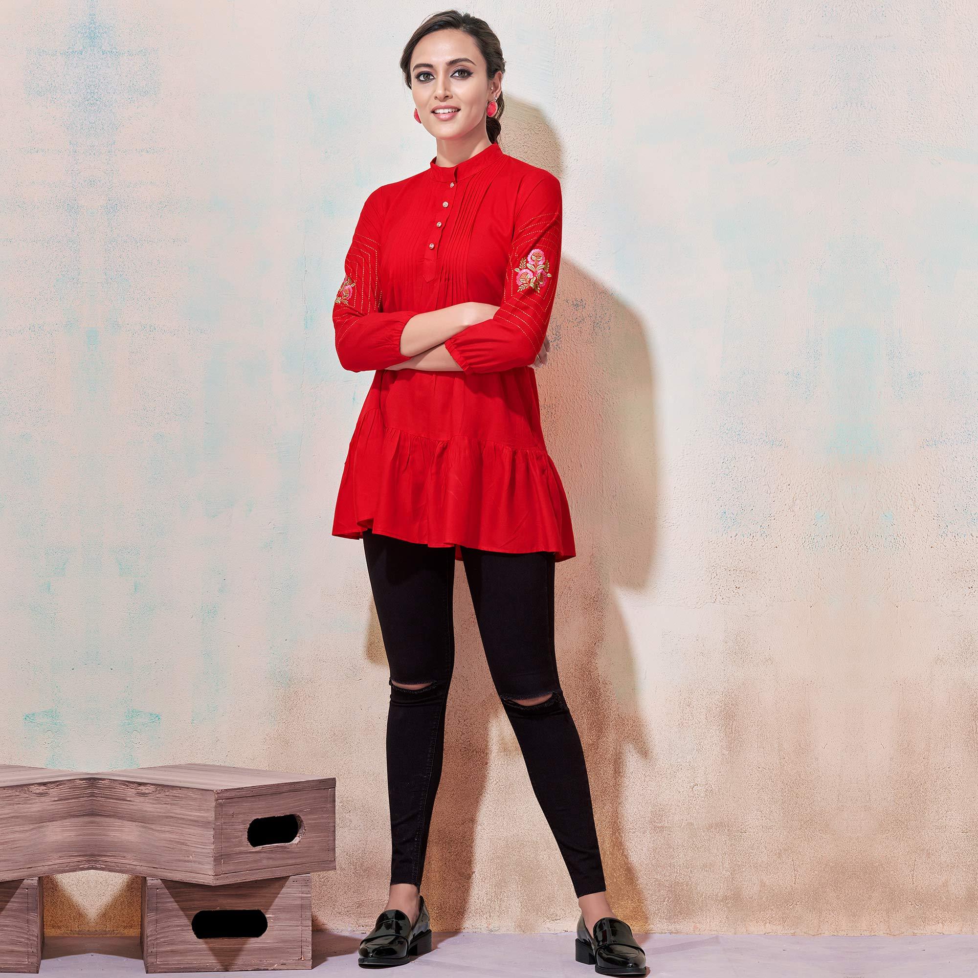 Eye-Catching Red Colored Partywear Embroidered Rayon Western Top - Peachmode