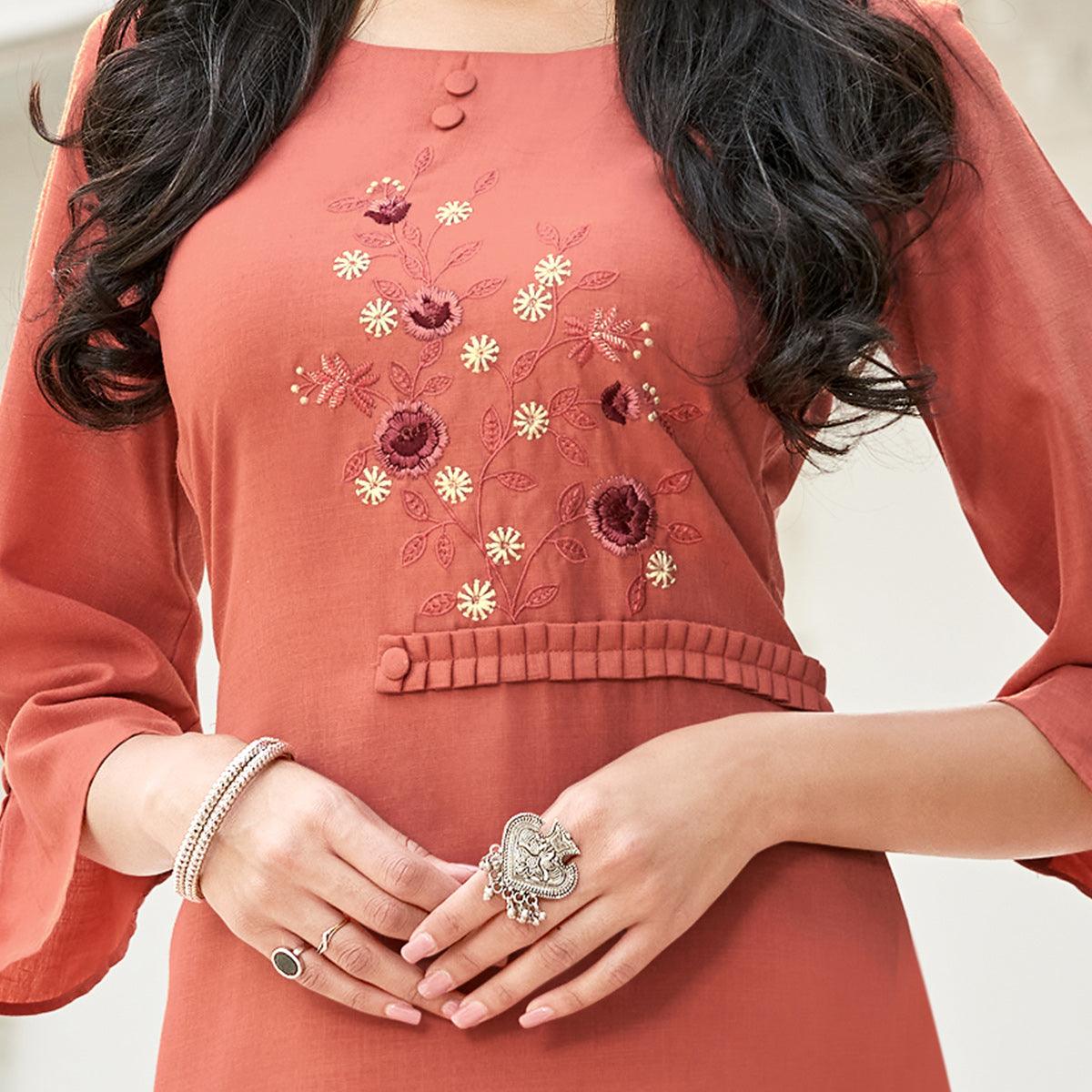 Eye-catching Rust Orange Colored Partywear Embroidered Cotton Slub Kurti Palazzo Set - Peachmode