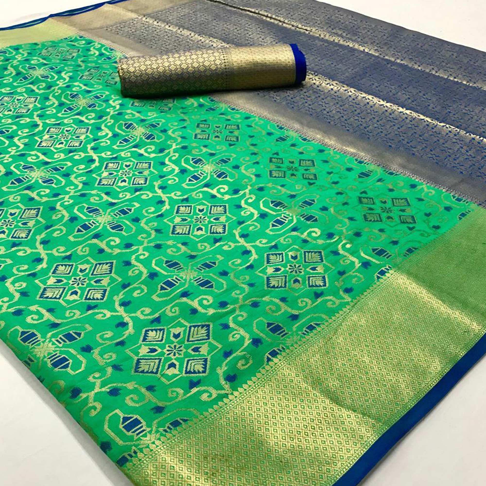 Eye-catching Turquoise Green Colored Festive Wear Woven Silk Saree - Peachmode