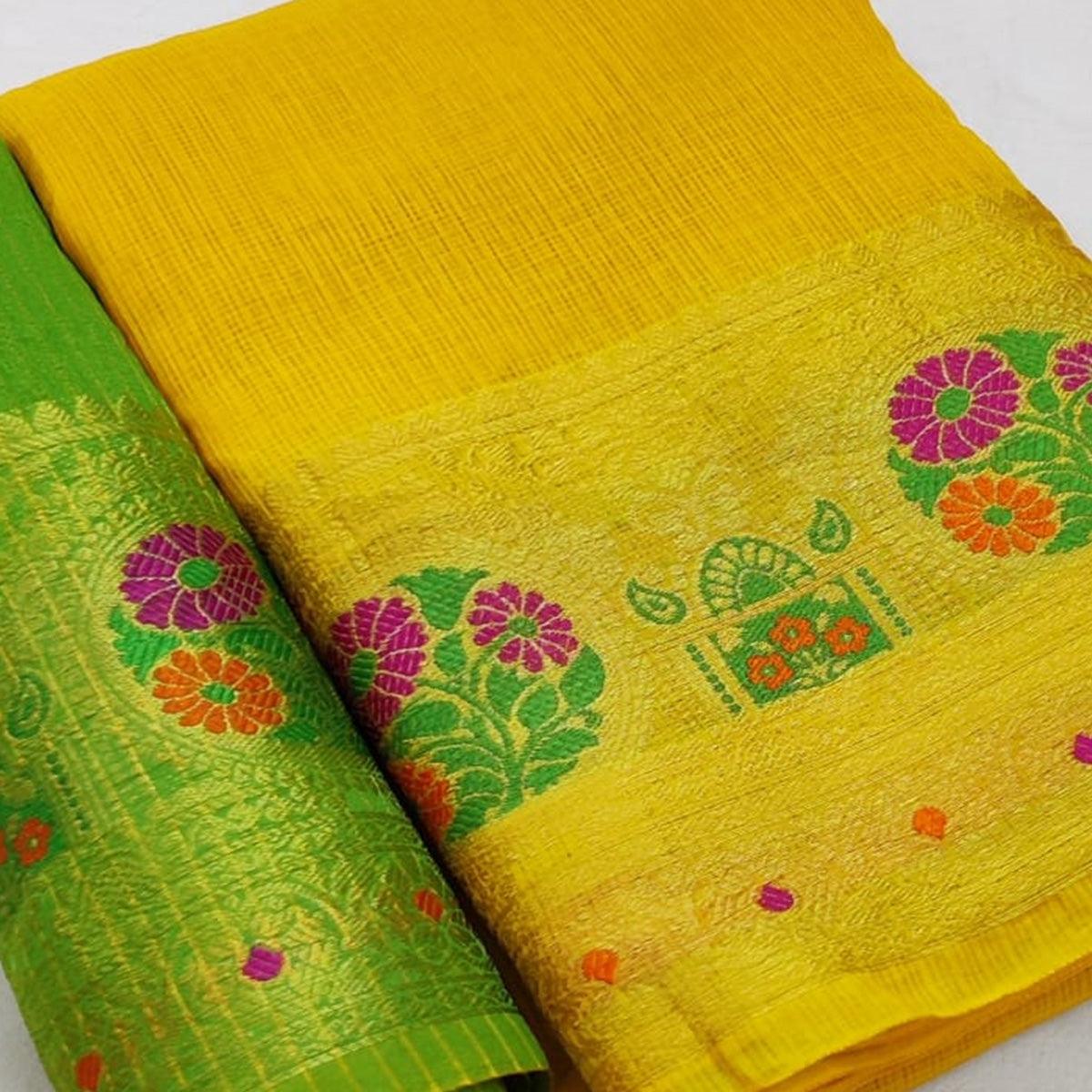 Eye-catching Yellow Colored Festive Wear Woven Heavy Cotton Saree - Peachmode