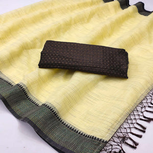 Eye-catching Yellow Colored lining Pattern Casual Wear Cotton Saree - Peachmode