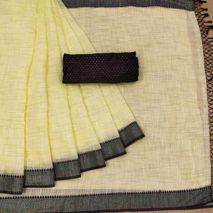 Eye-catching Yellow Colored lining Pattern Casual Wear Cotton Saree - Peachmode