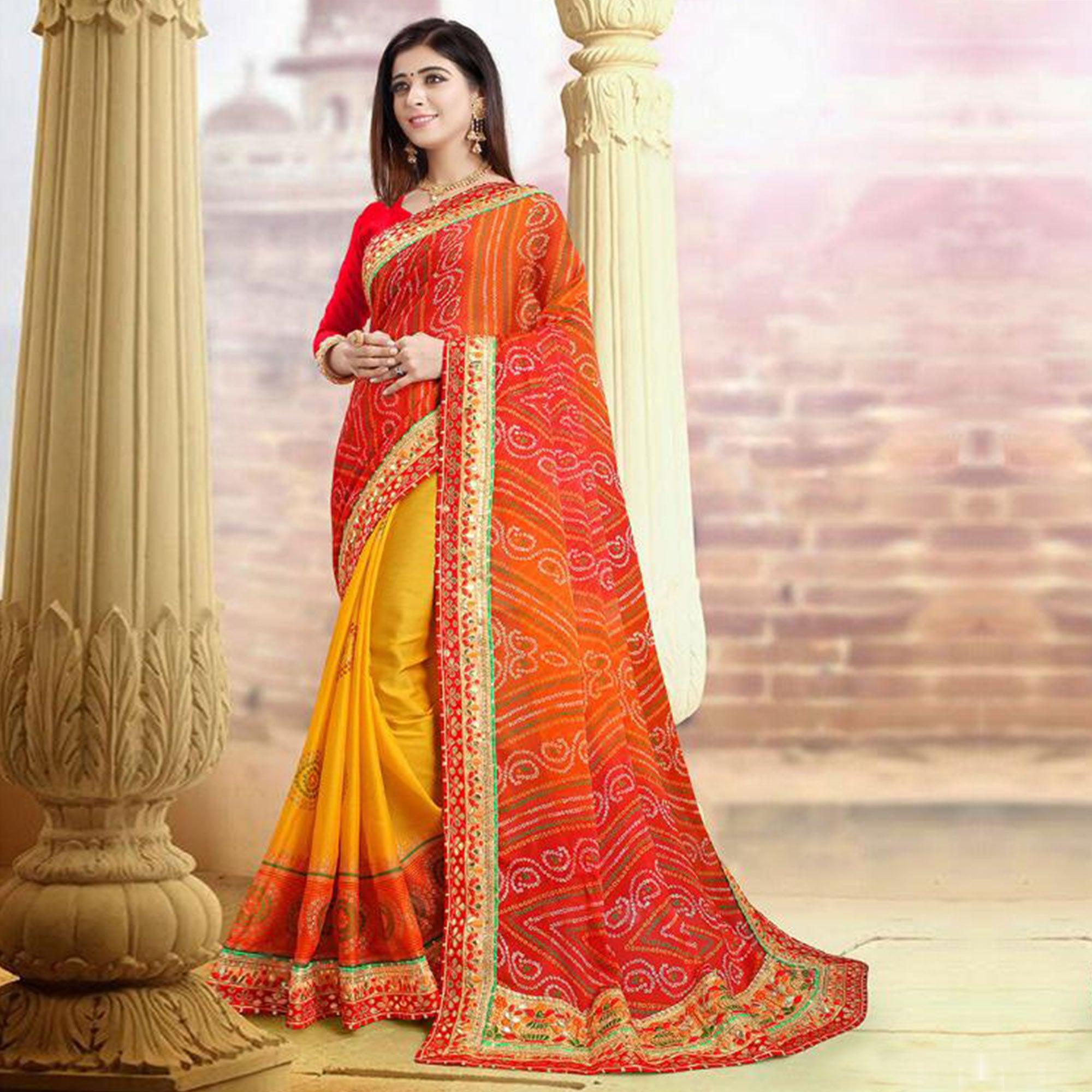 Eye-catching Yellow-Red Colored Festive Wear Zari Work Moss Chiffon Half-Half Saree - Peachmode