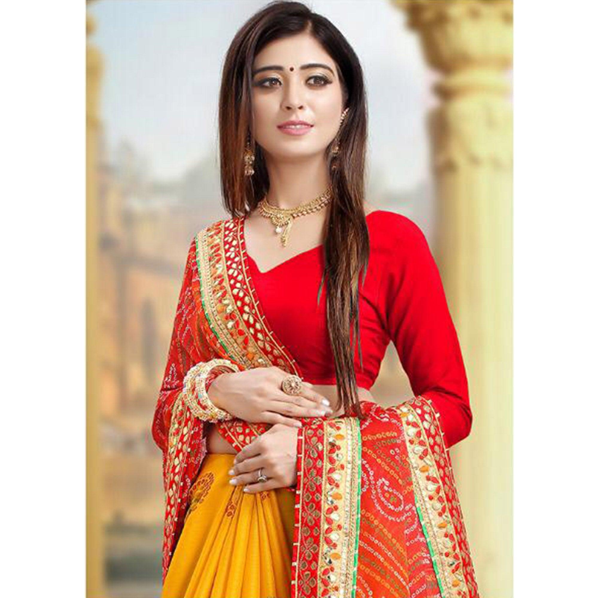 Eye-catching Yellow-Red Colored Festive Wear Zari Work Moss Chiffon Half-Half Saree - Peachmode