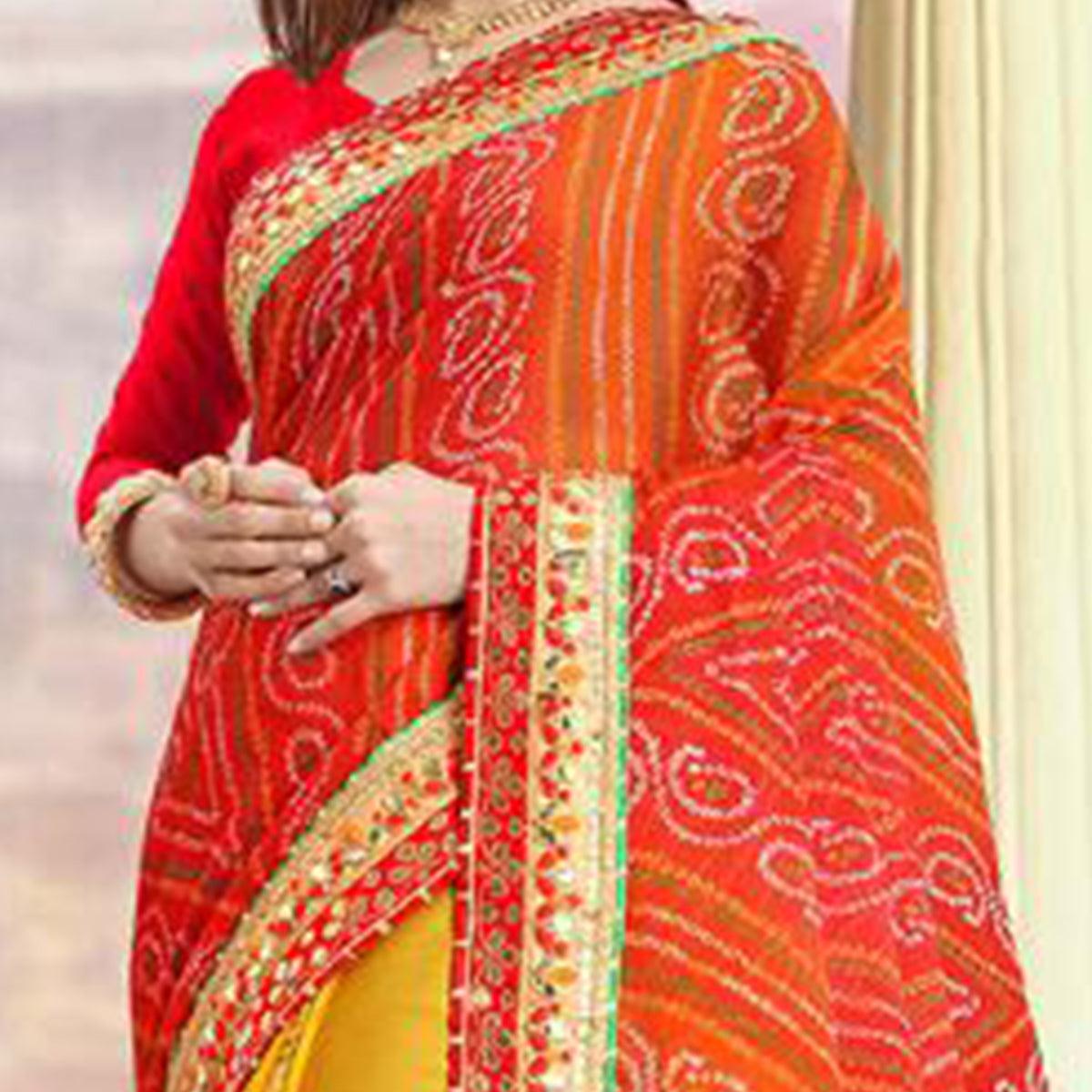 Eye-catching Yellow-Red Colored Festive Wear Zari Work Moss Chiffon Half-Half Saree - Peachmode