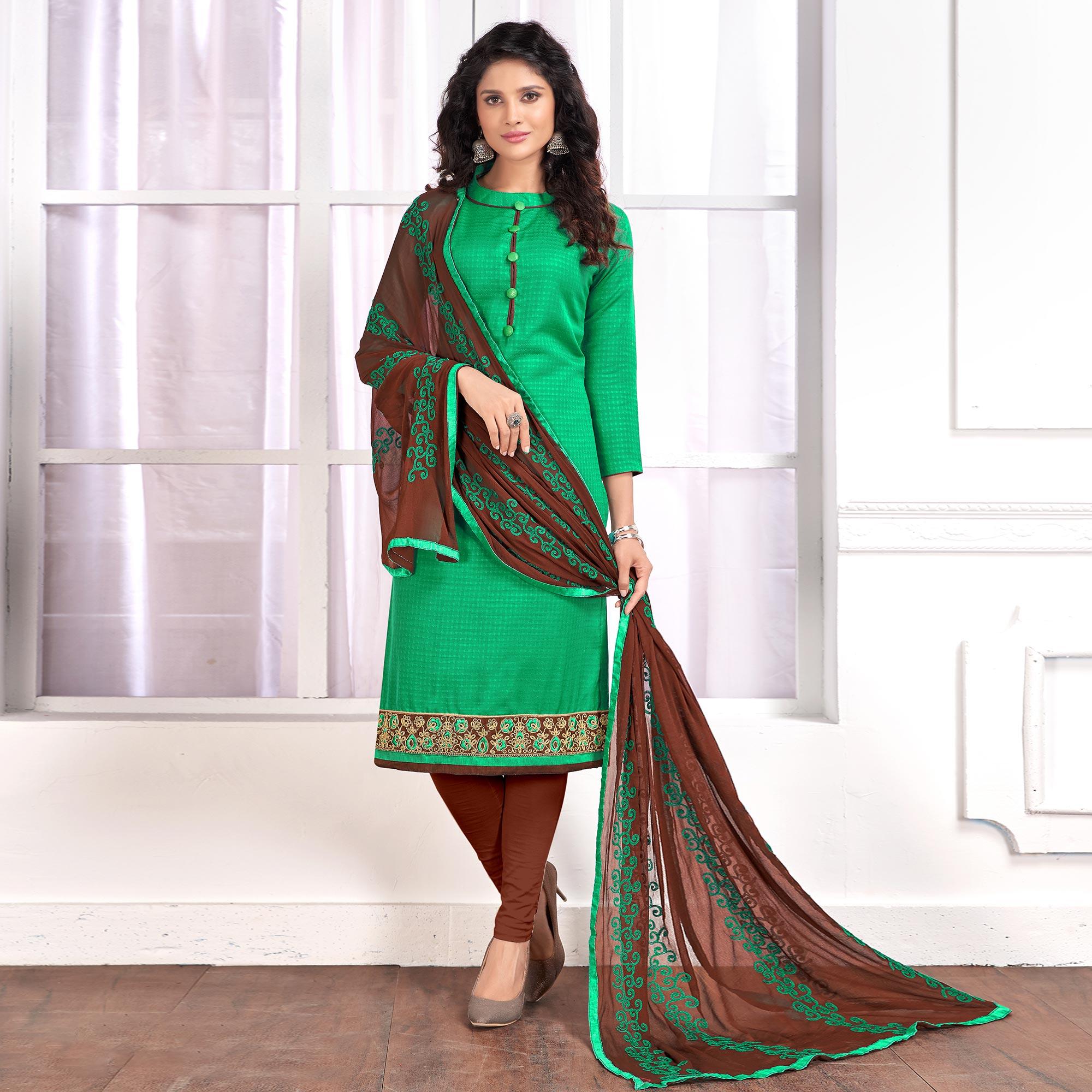 Fab Green Colored Partywear Embroidered Cotton Suit - Peachmode