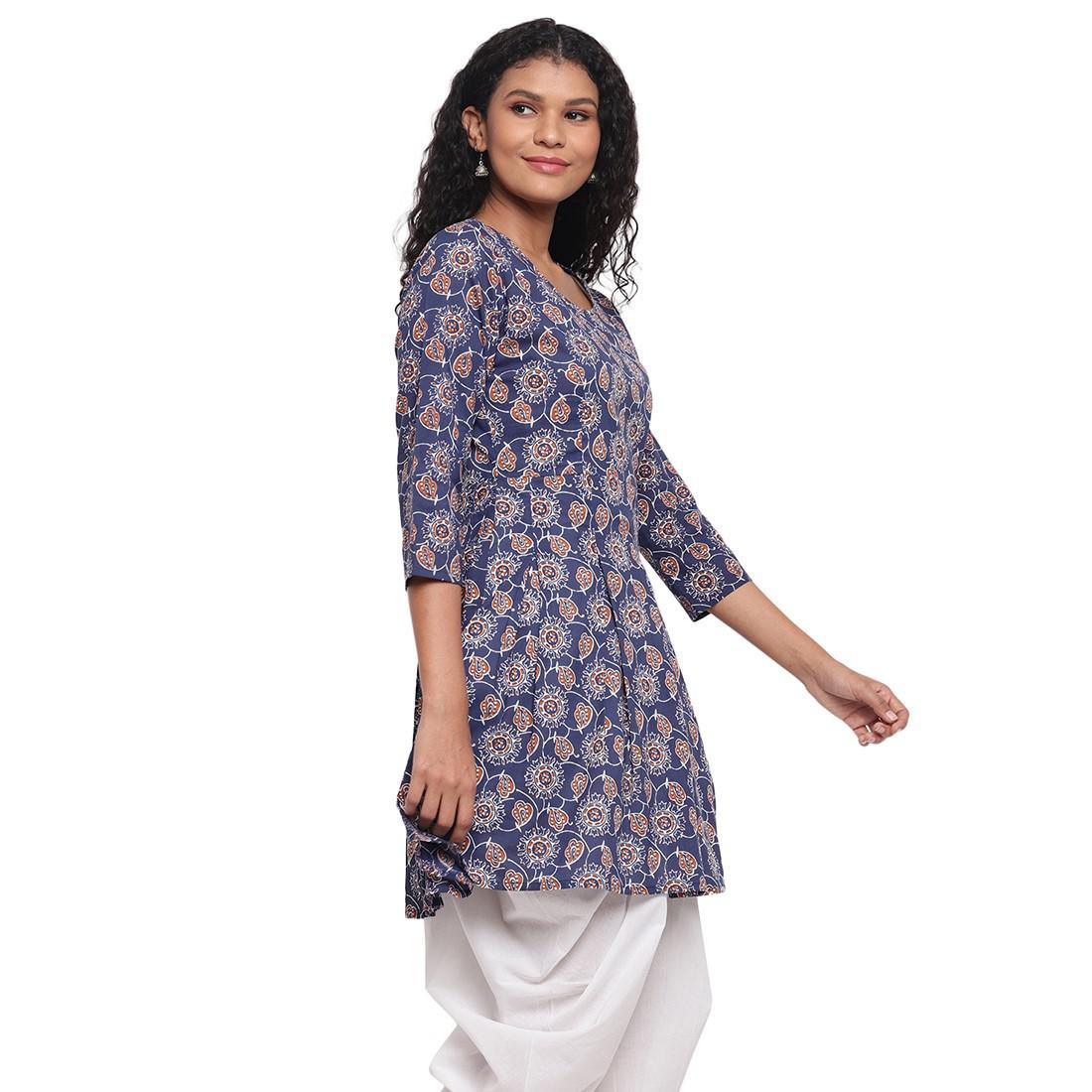 Fabnest - Indigo Blue Colred Printed Peplum Cotton Short Kurti - Peachmode