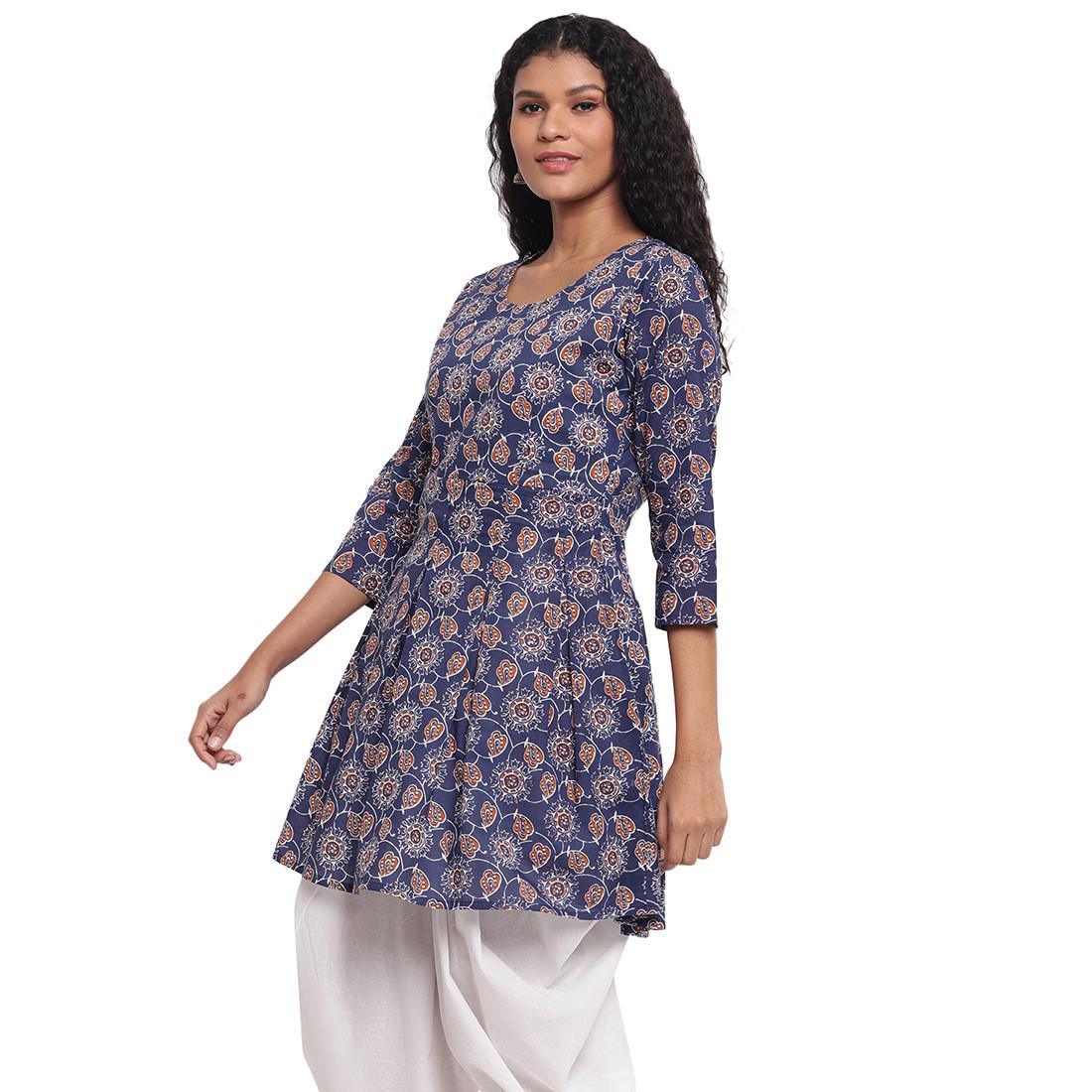 Fabnest - Indigo Blue Colred Printed Peplum Cotton Short Kurti - Peachmode