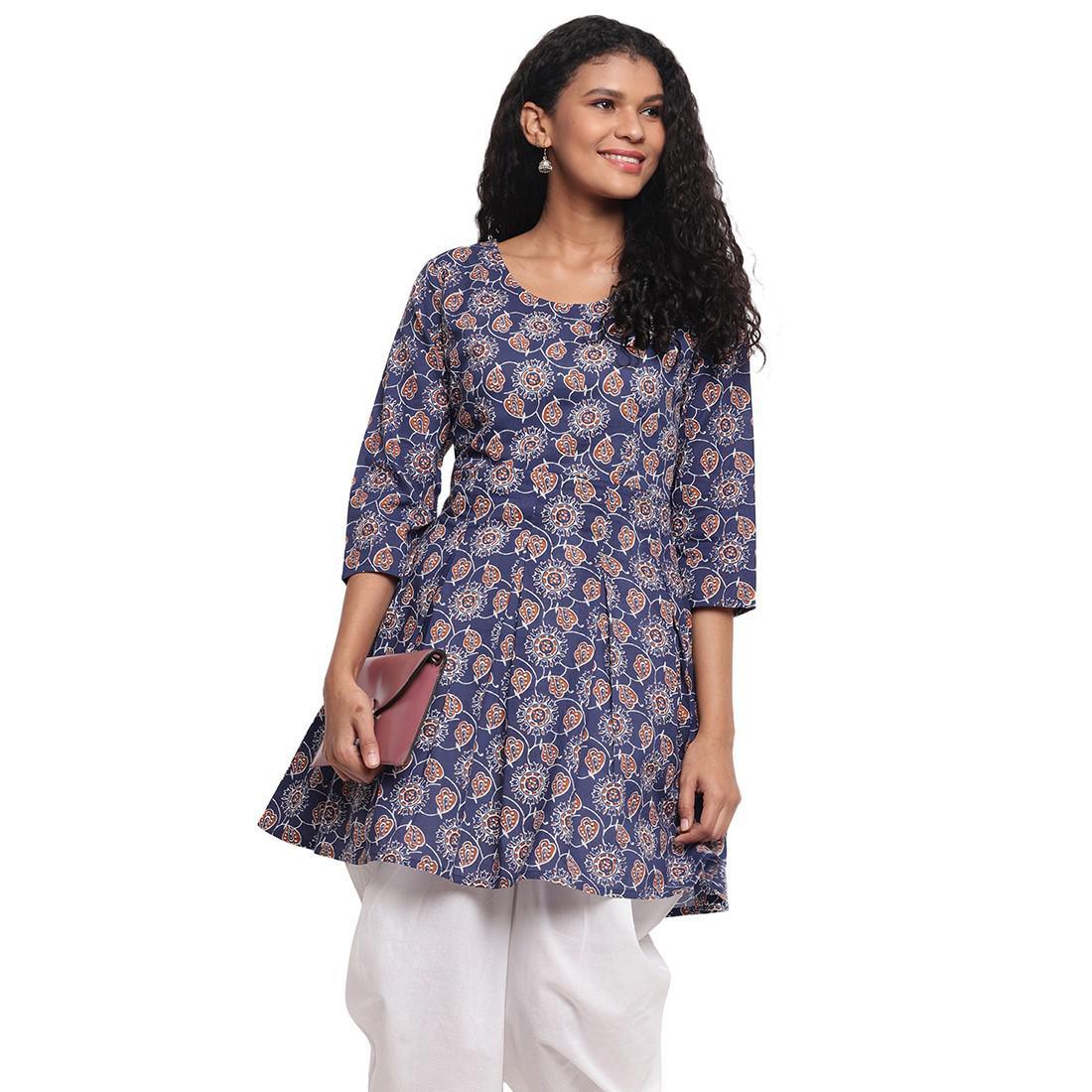 Fabnest - Indigo Blue Colred Printed Peplum Cotton Short Kurti - Peachmode