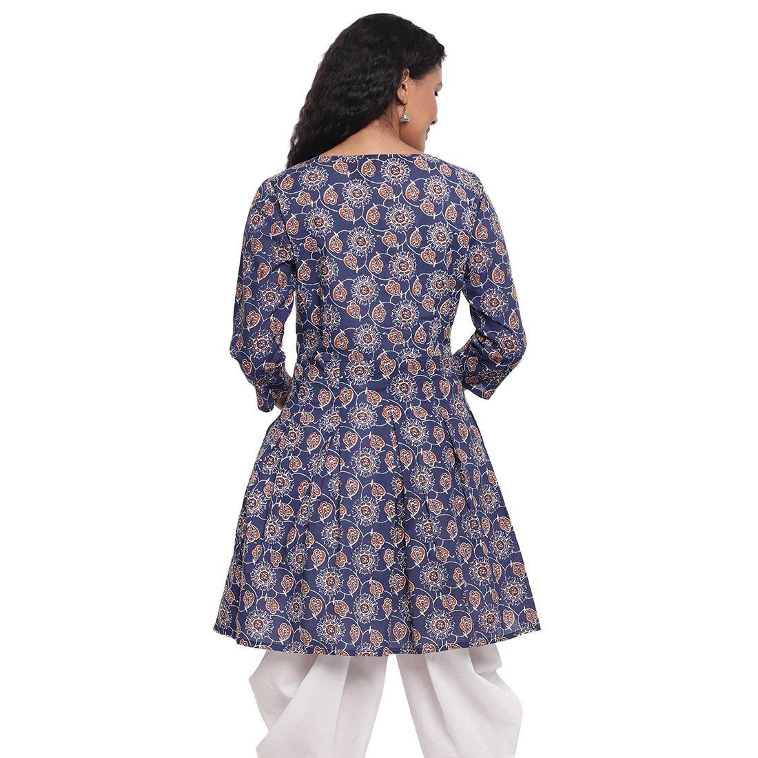 Fabnest - Indigo Blue Colred Printed Peplum Cotton Short Kurti - Peachmode