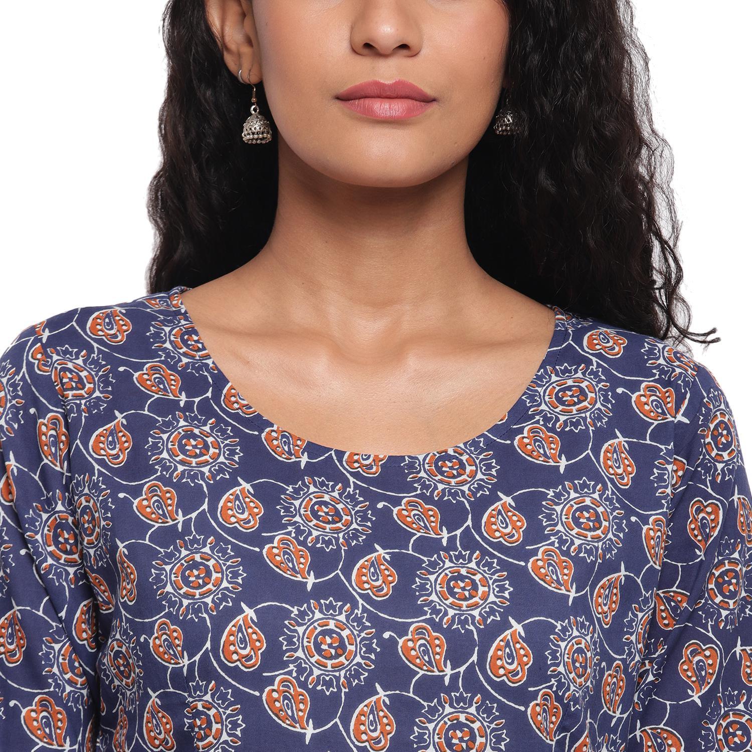 Fabnest - Indigo Blue Colred Printed Peplum Cotton Short Kurti - Peachmode