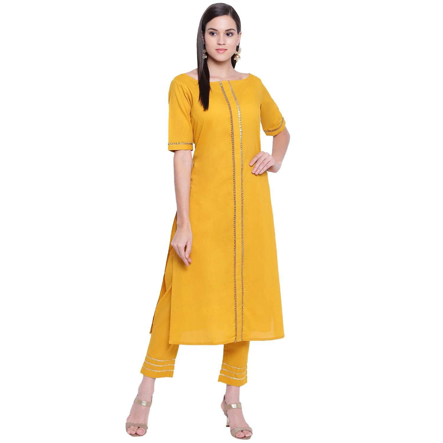 Fabnest - Yellow Colored Casual Wear Gota Work Cotton Kurti Pant Set - Peachmode