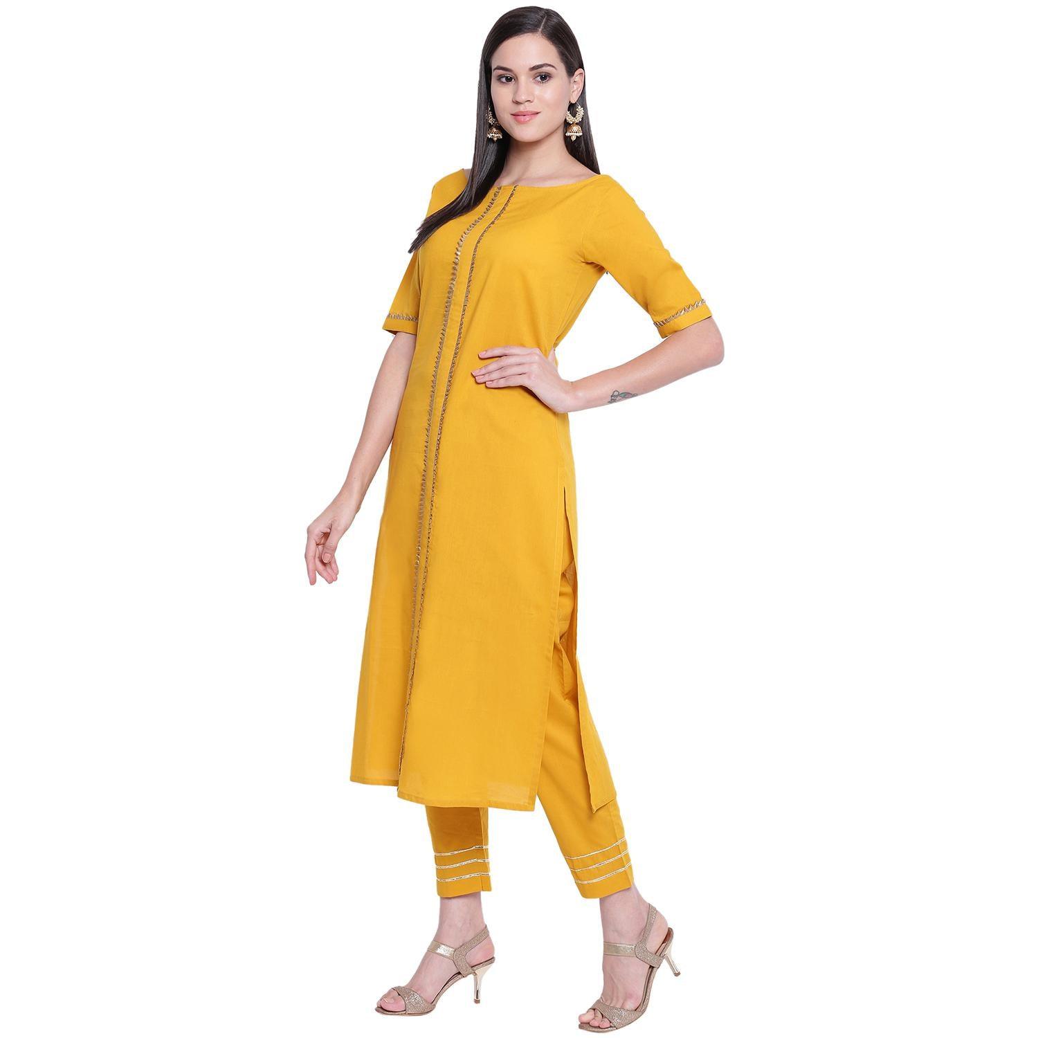 Fabnest - Yellow Colored Casual Wear Gota Work Cotton Kurti Pant Set - Peachmode