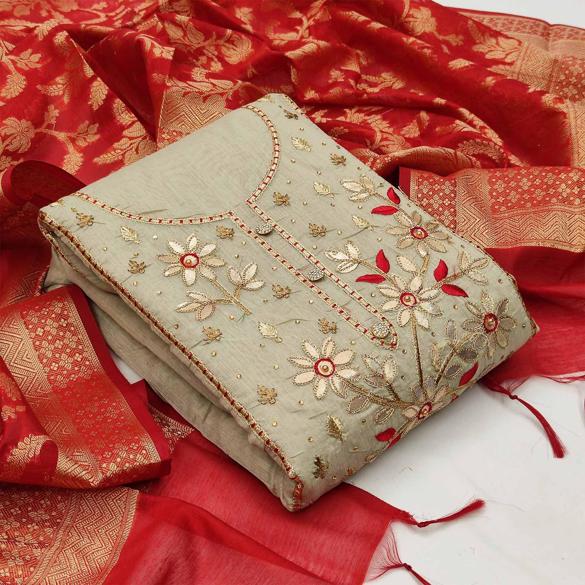 Fantastic Beige Colored Casual Embroidered Modal Chanderi Dress Material - Peachmode