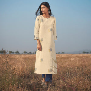 Fantastic Beige Colored Party Wear Handwork Handloom Cotton Kurti-Pant Set - Peachmode