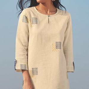 Fantastic Beige Colored Party Wear Handwork Handloom Cotton Kurti-Pant Set - Peachmode