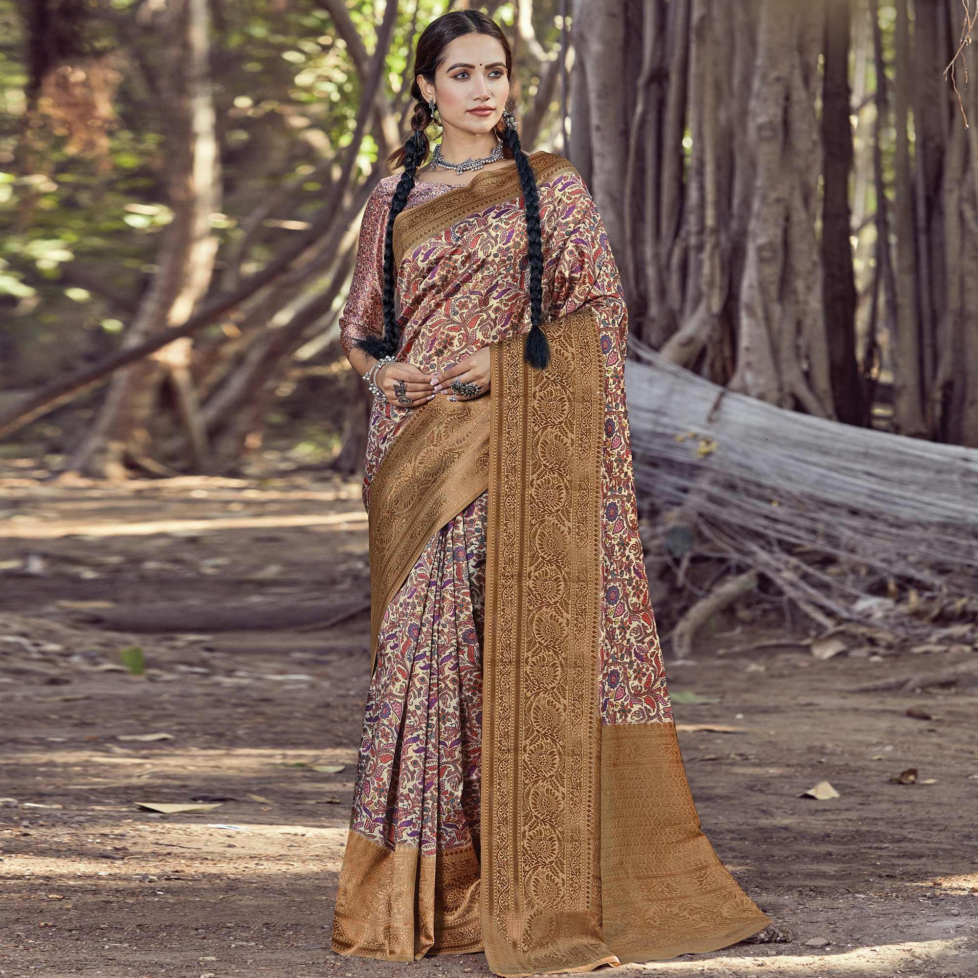 Fantastic Beige - Multi Colored Festive Wear Digital Printed Silk Saree - Peachmode