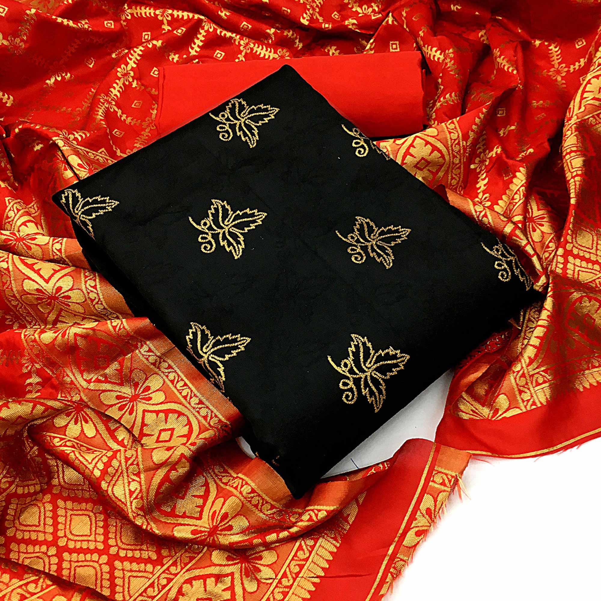 Fantastic Black Colored Casual Wear Woven Banarasi Silk Dress Material - Peachmode