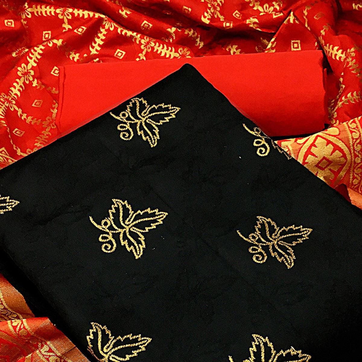 Fantastic Black Colored Casual Wear Woven Banarasi Silk Dress Material - Peachmode