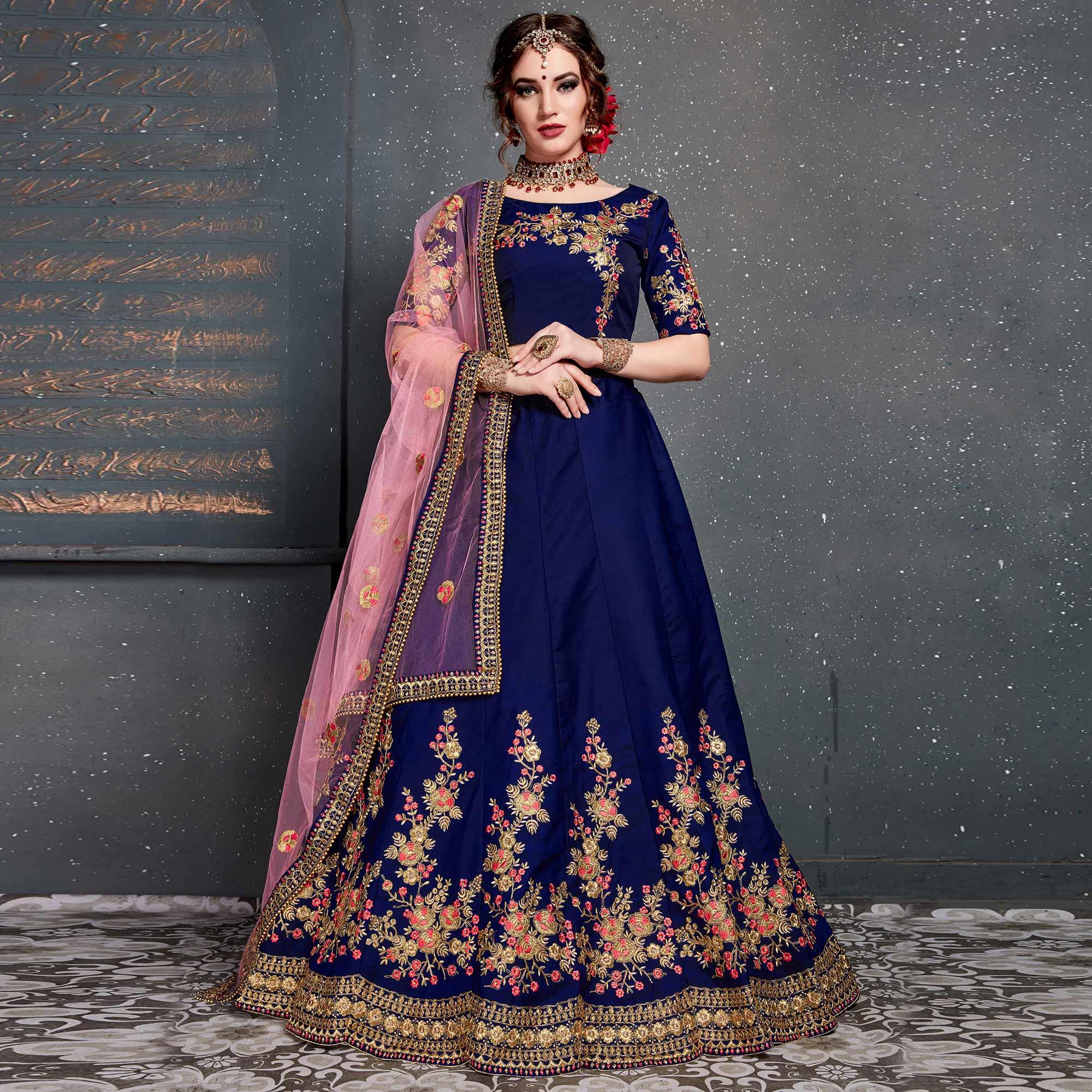 Fantastic Blue Colored Wedding Wear Embroidered Tapeta Satin Silk Lehenga Choli - Peachmode