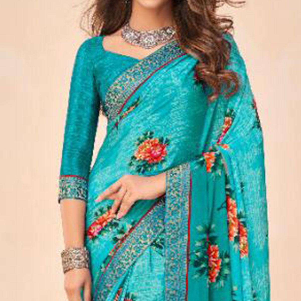 Fantastic Blue Coloured Casual Wear Printed Crepe Saree - Peachmode
