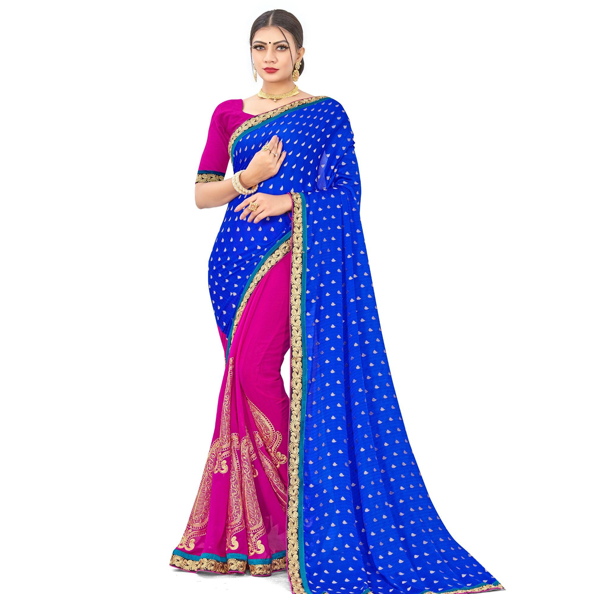 Fantastic Blue-Pink Colored party Wear Embroidered Georgette Half-Half Saree - Peachmode