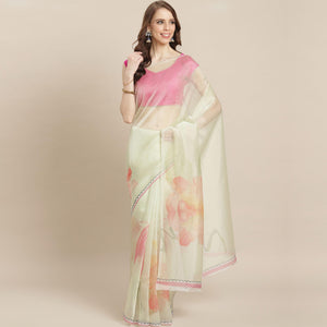 Fantastic Cream Colored Casual Wear Printed Organza Saree - Peachmode