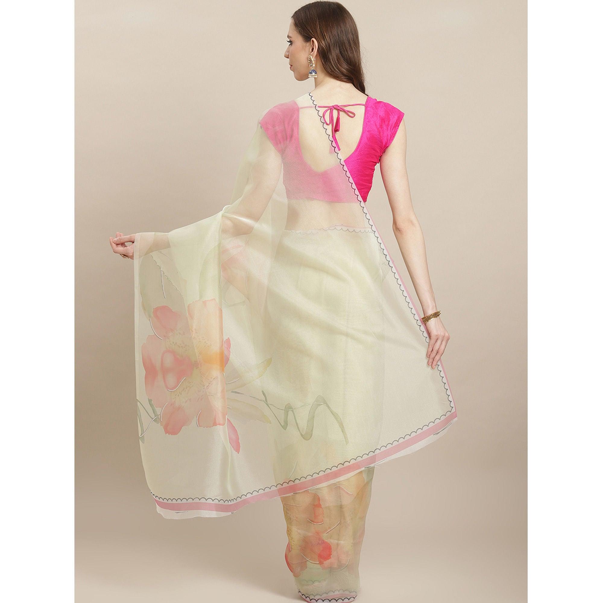 Fantastic Cream Colored Casual Wear Printed Organza Saree - Peachmode