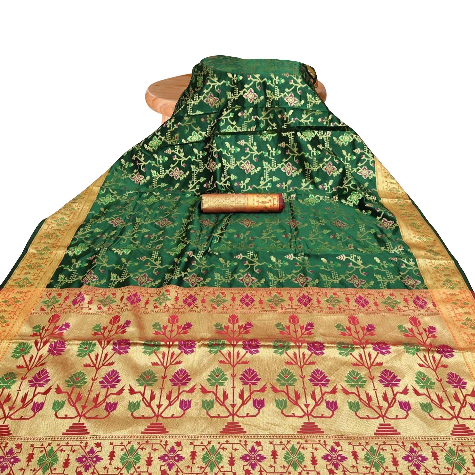 Fantastic Dark Green Colored Festive Wear Woven Silk Saree - Peachmode