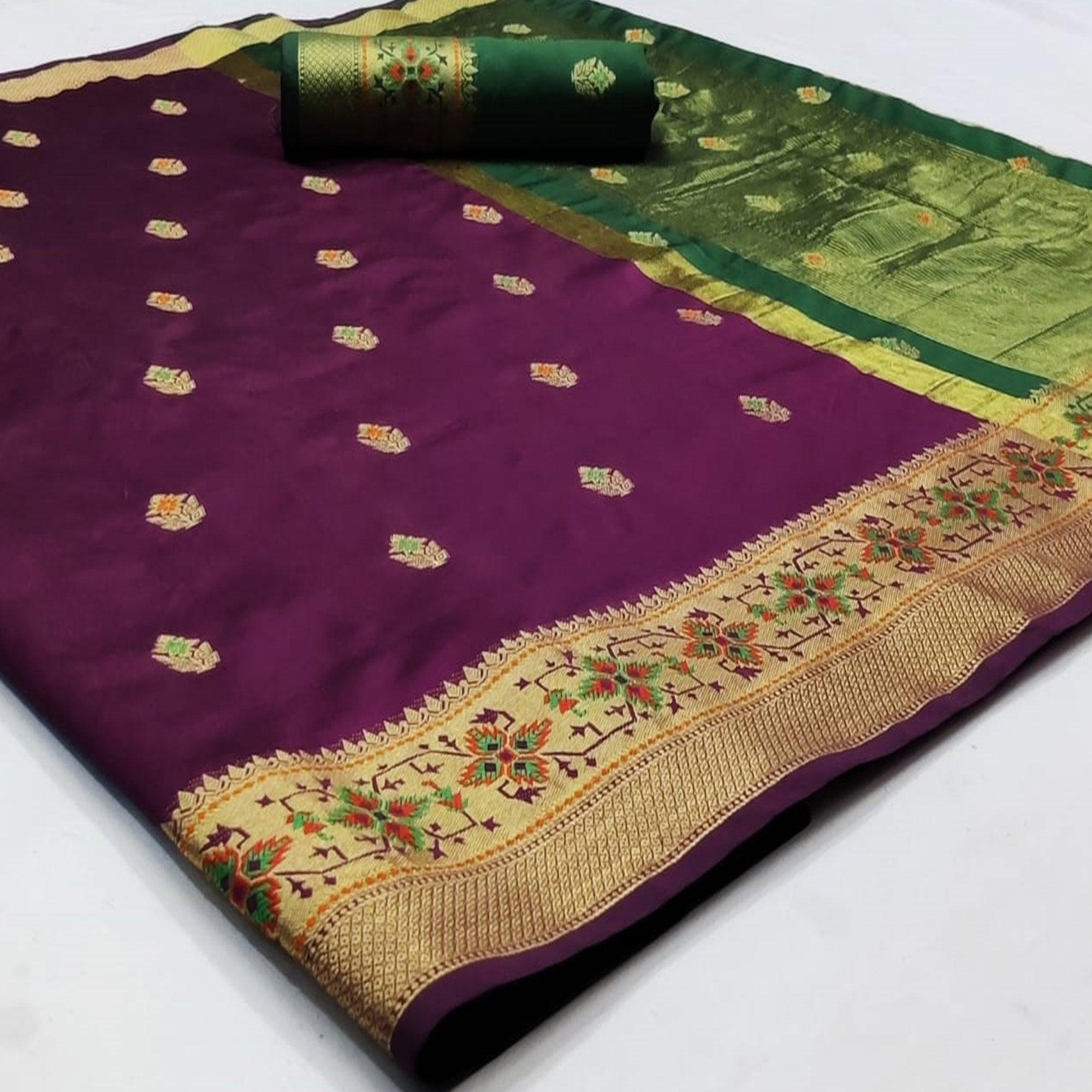 Fantastic Dark Purple Colored Festive Wear Woven Silk Saree - Peachmode
