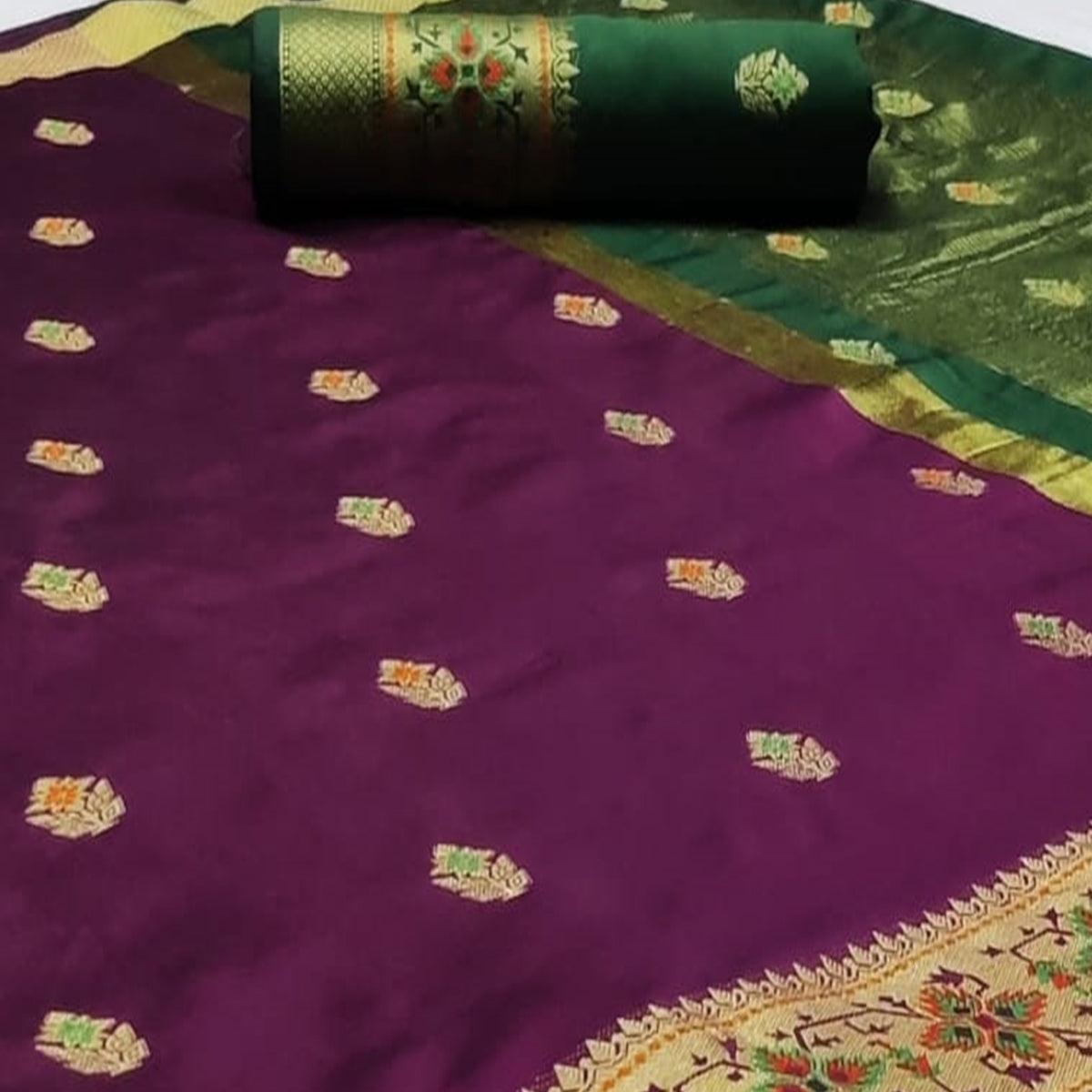 Fantastic Dark Purple Colored Festive Wear Woven Silk Saree - Peachmode